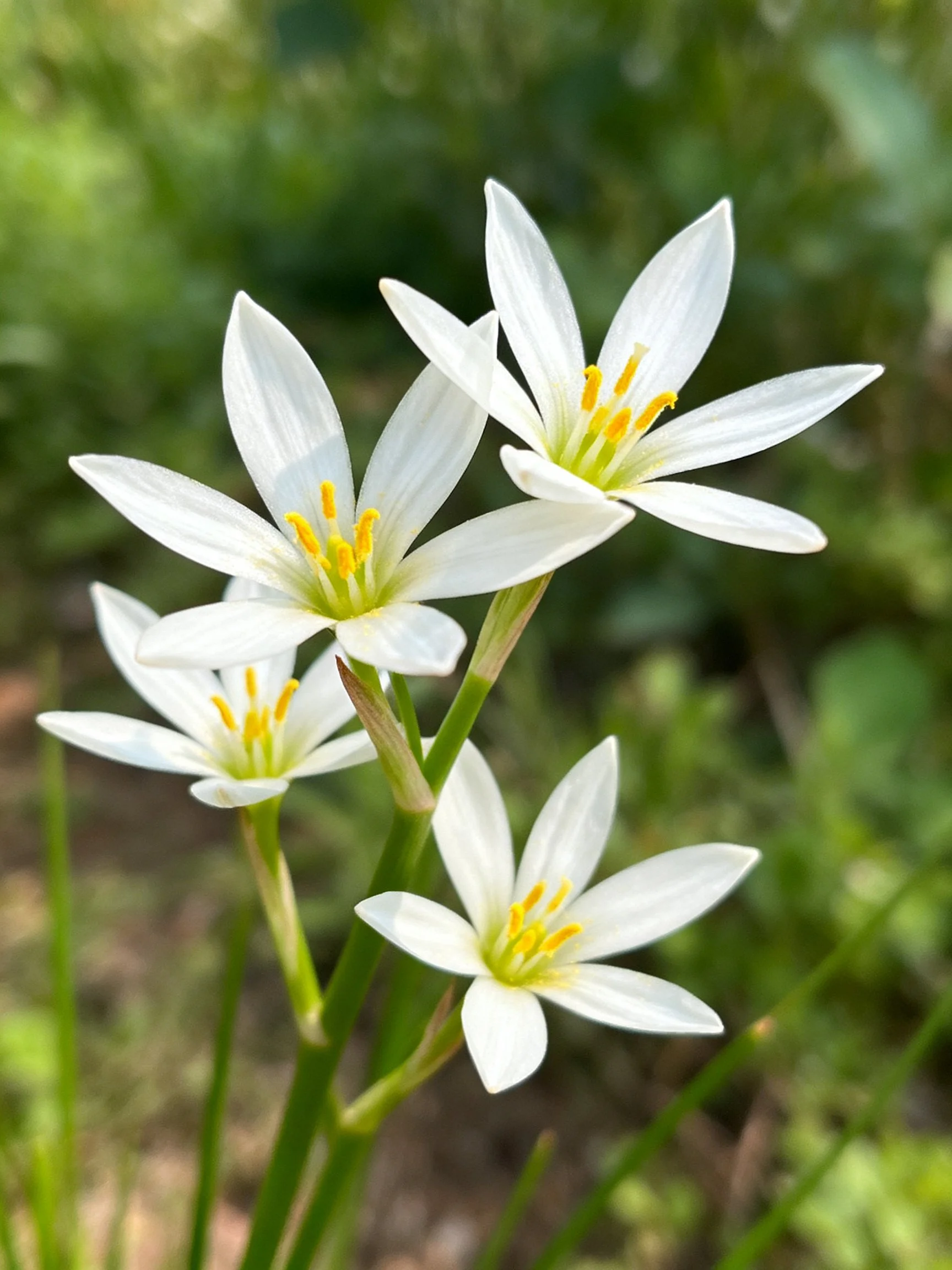 Four white star-shaped flowers with yellow stamens on green stems