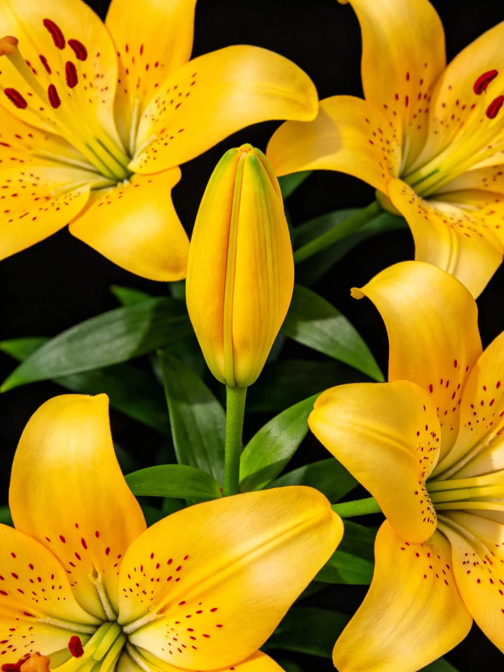 Four yellow lilies with reddish-brown markings, one closed bud