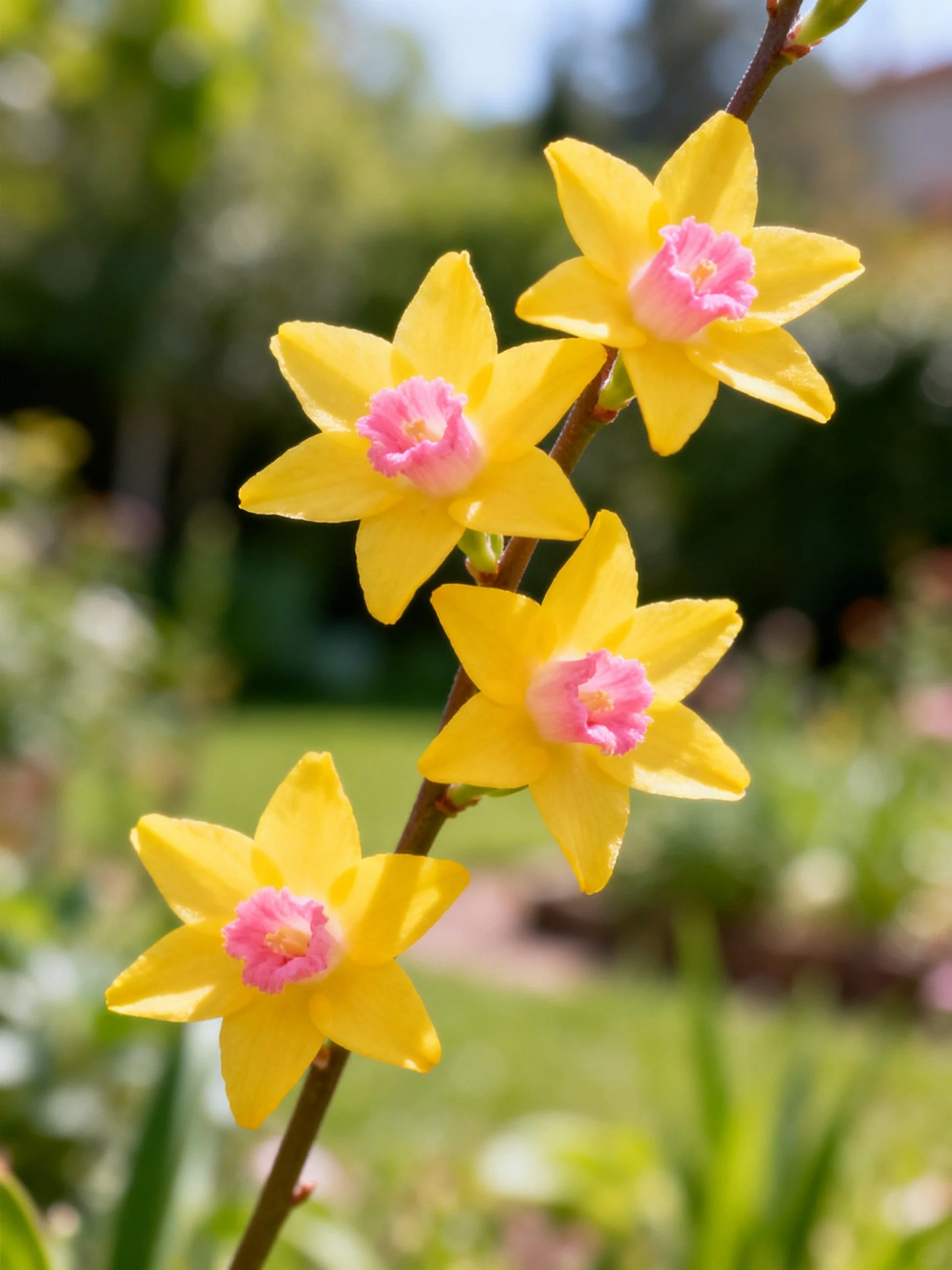 Four yellow star-shaped flowers with pink centers on a branch