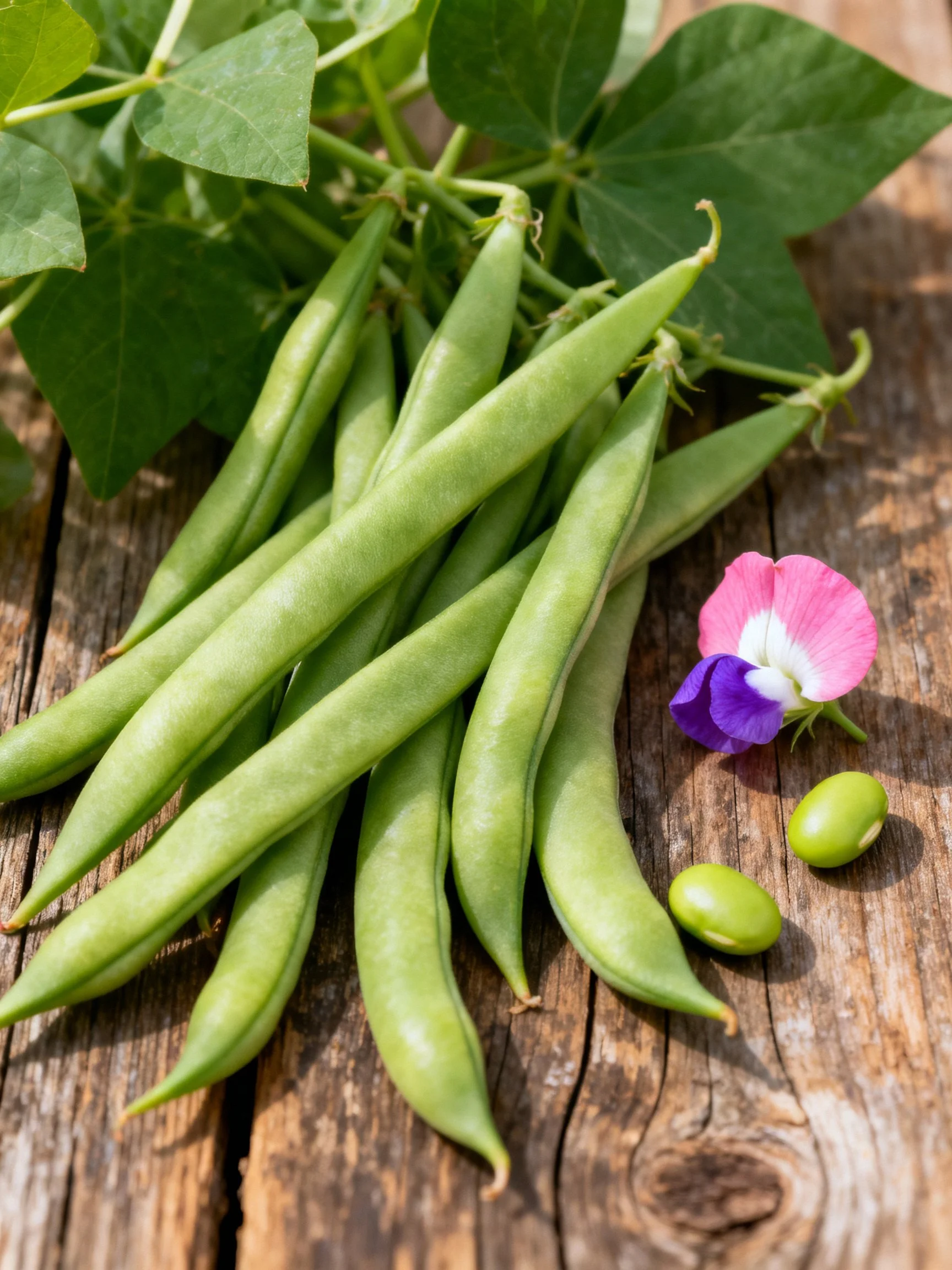 Fresh green bean pods with sweet pea flower on rustic wood