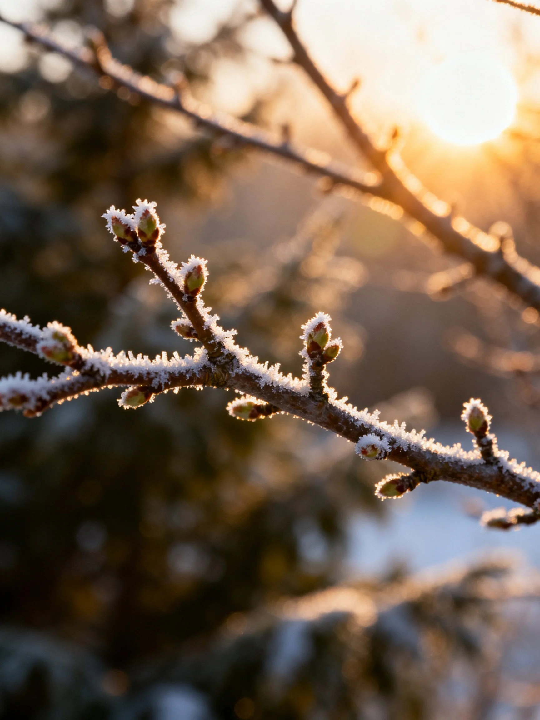 Frost-Coated Branches with Buds Under Golden Sunrise