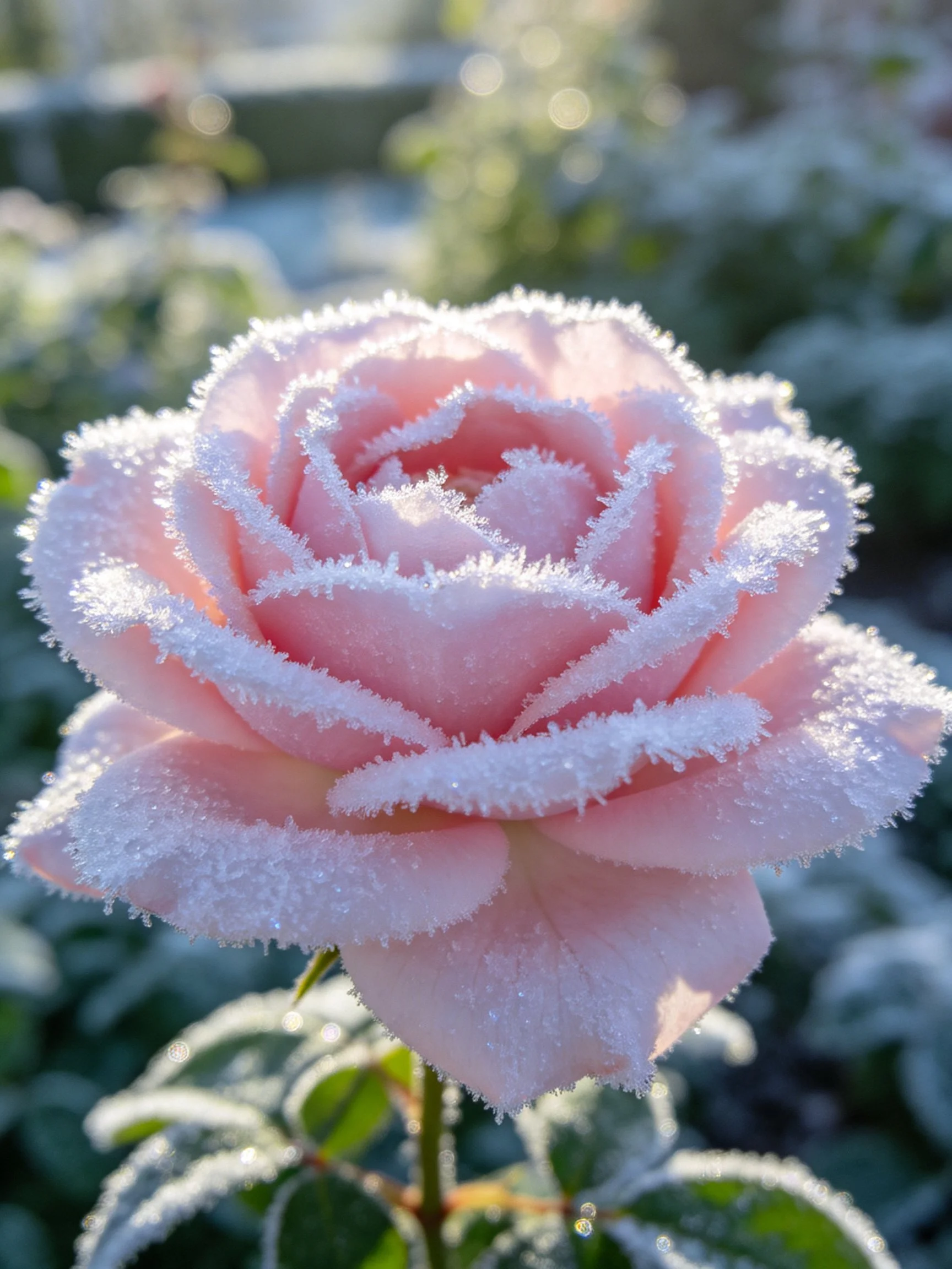 Frost-Covered Pink Rose Amidst Blurred Greenery