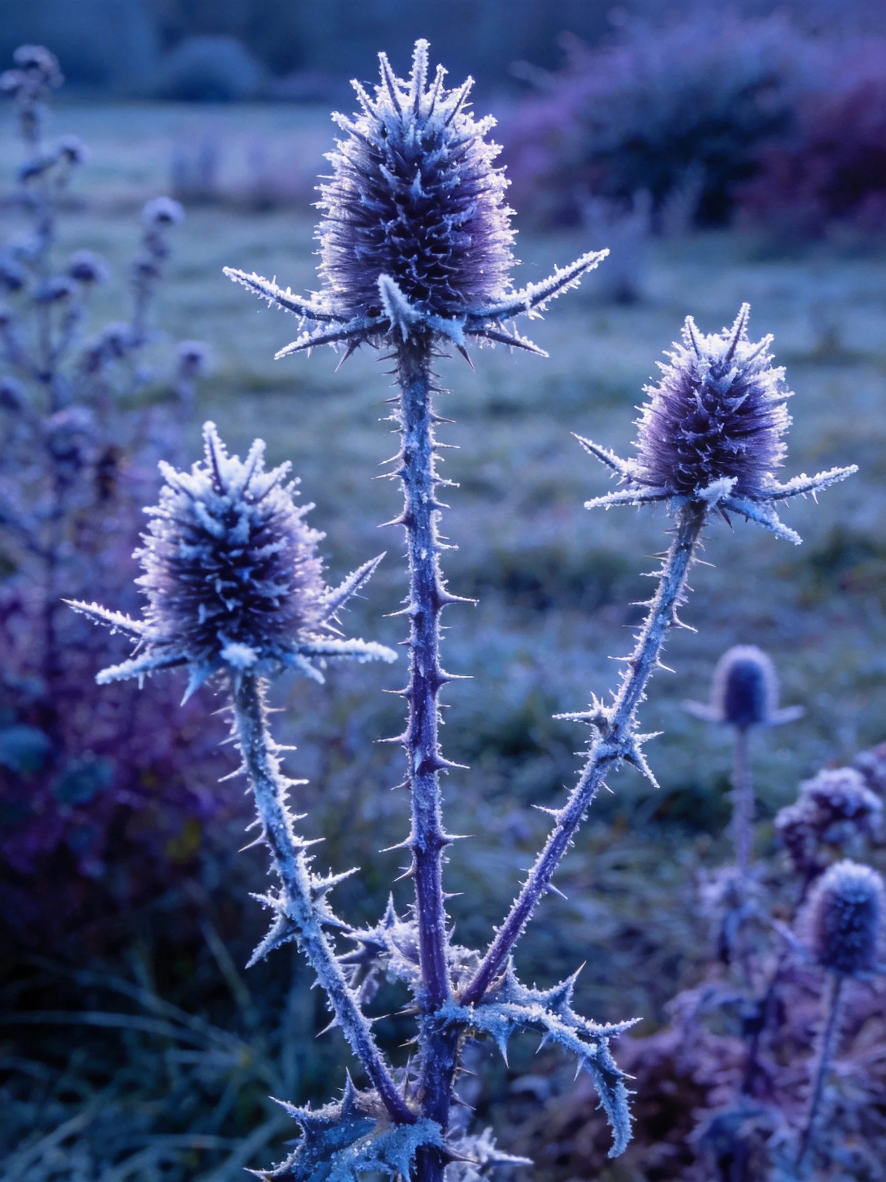 Frost-Covered Thistle Plants Under Cool Morning Light