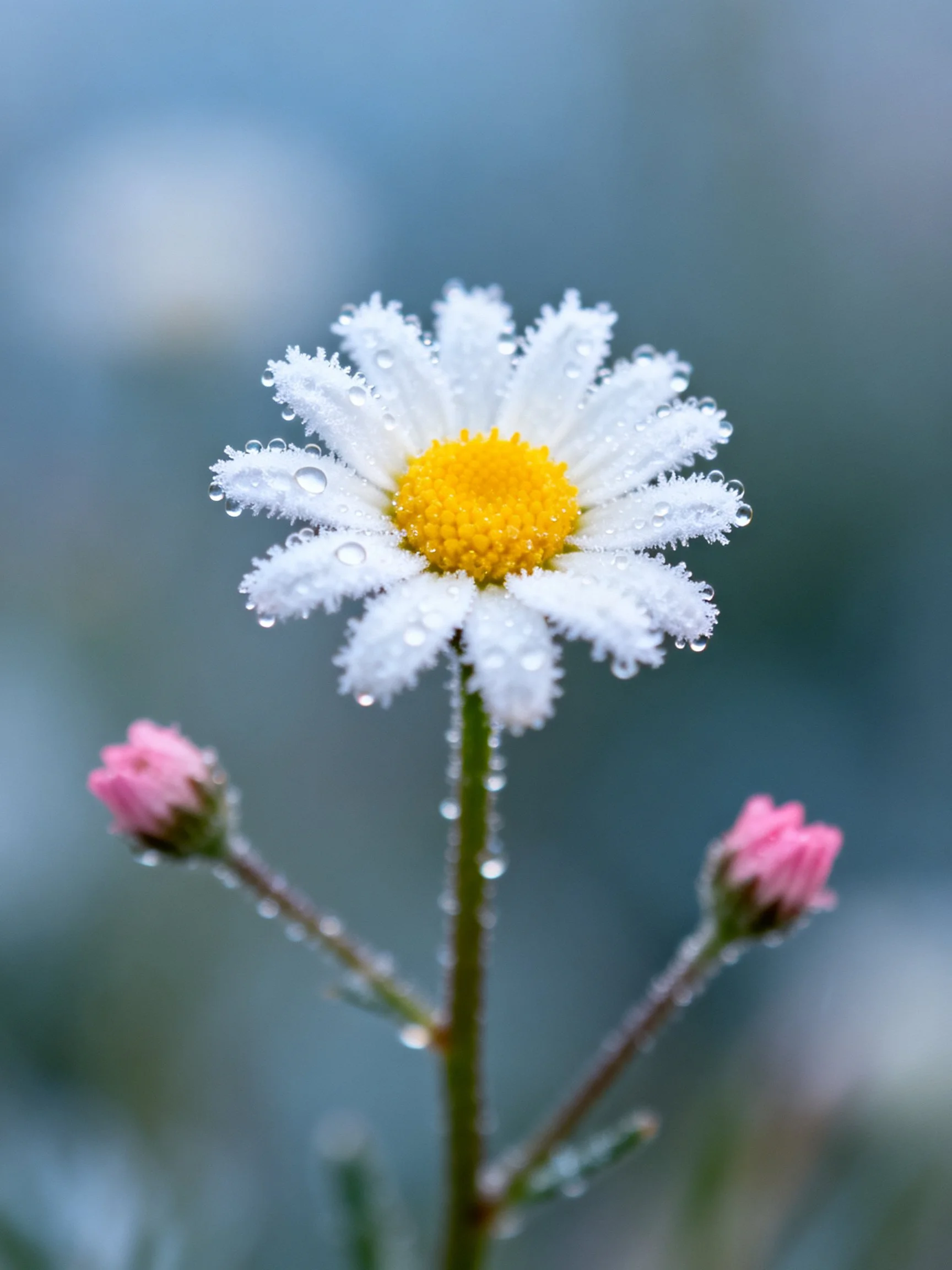 Frost-covered white daisy with dew drops and pink flower buds