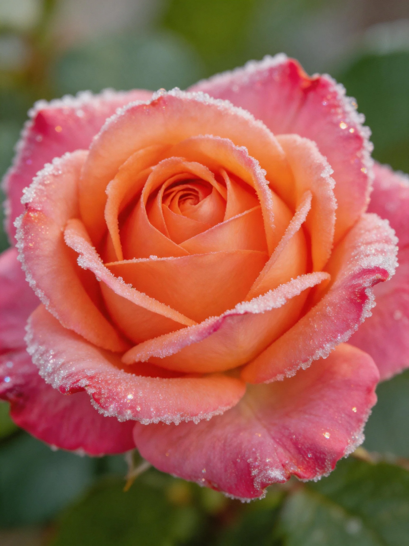 Frost-draped pink-orange rose with layered petals