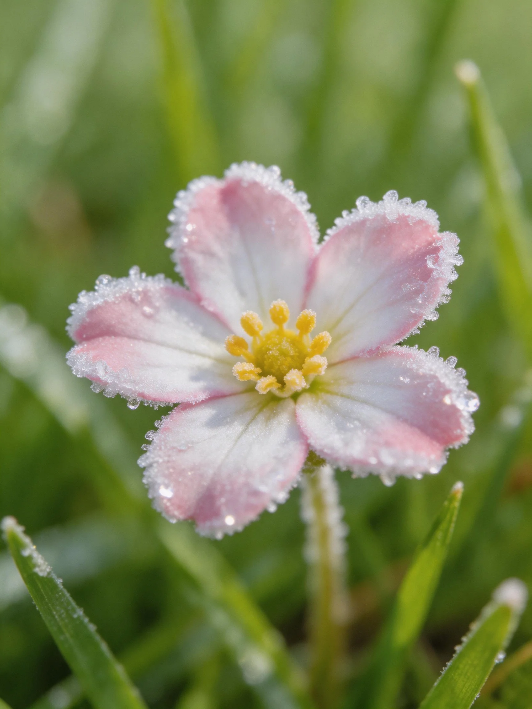 Frost-dusted pink and white flower amid green foliage