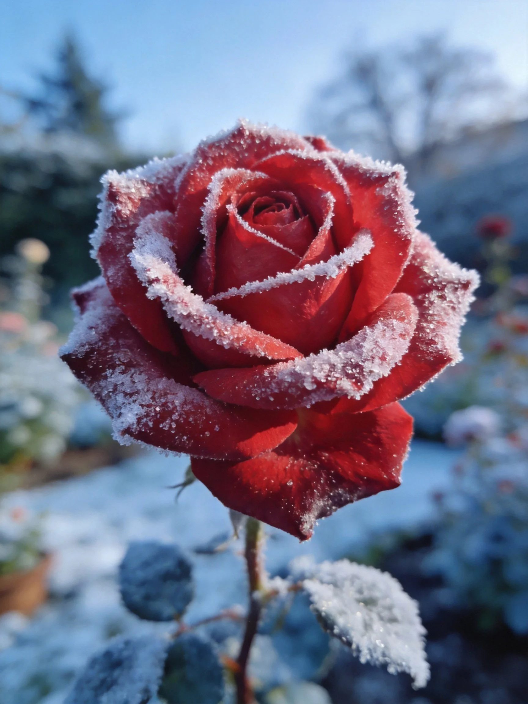 Frosted Crimson Rose in a Winter Garden