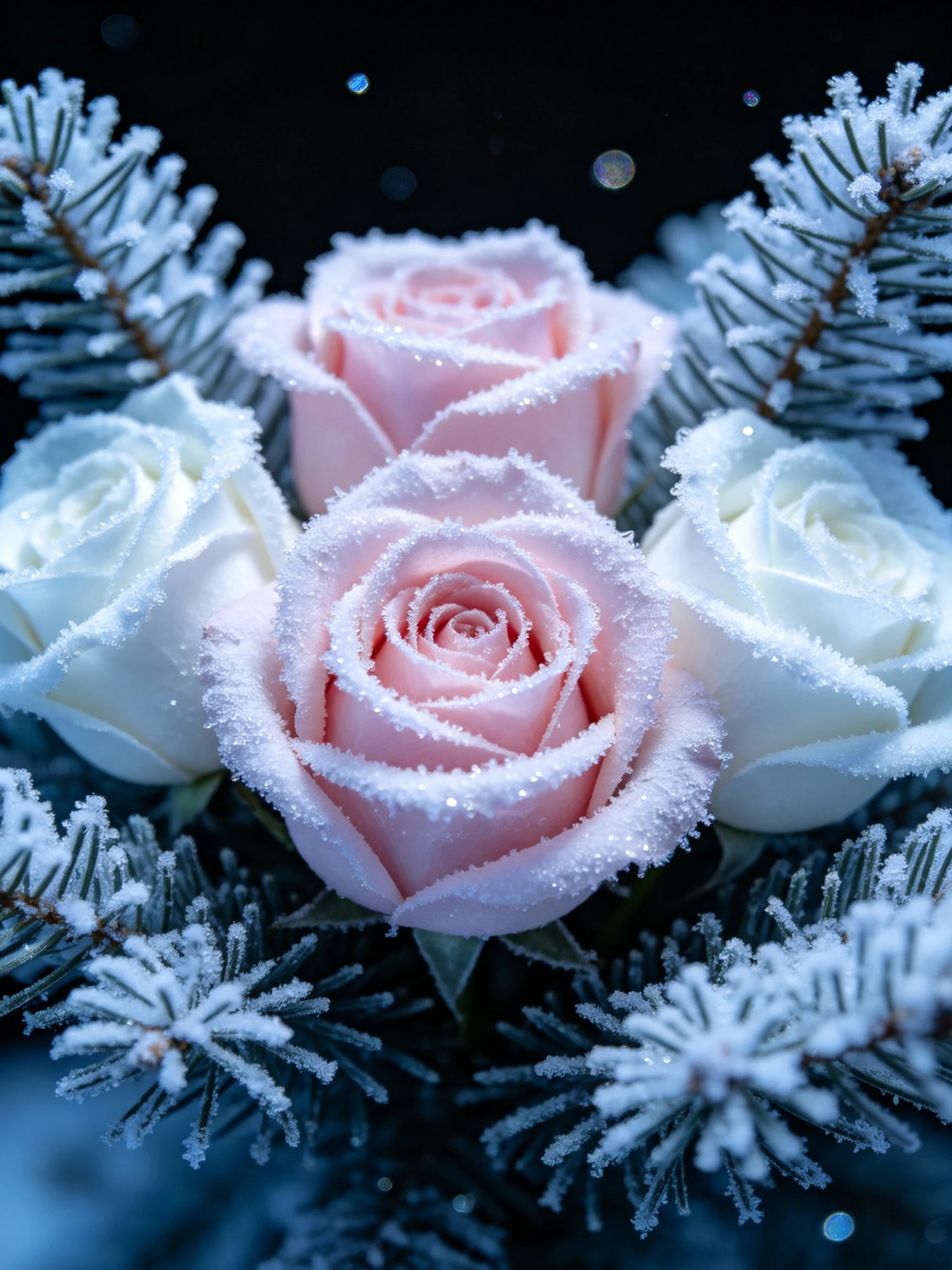 Frosted Pink and White Roses with Snow-Covered Pine Branches