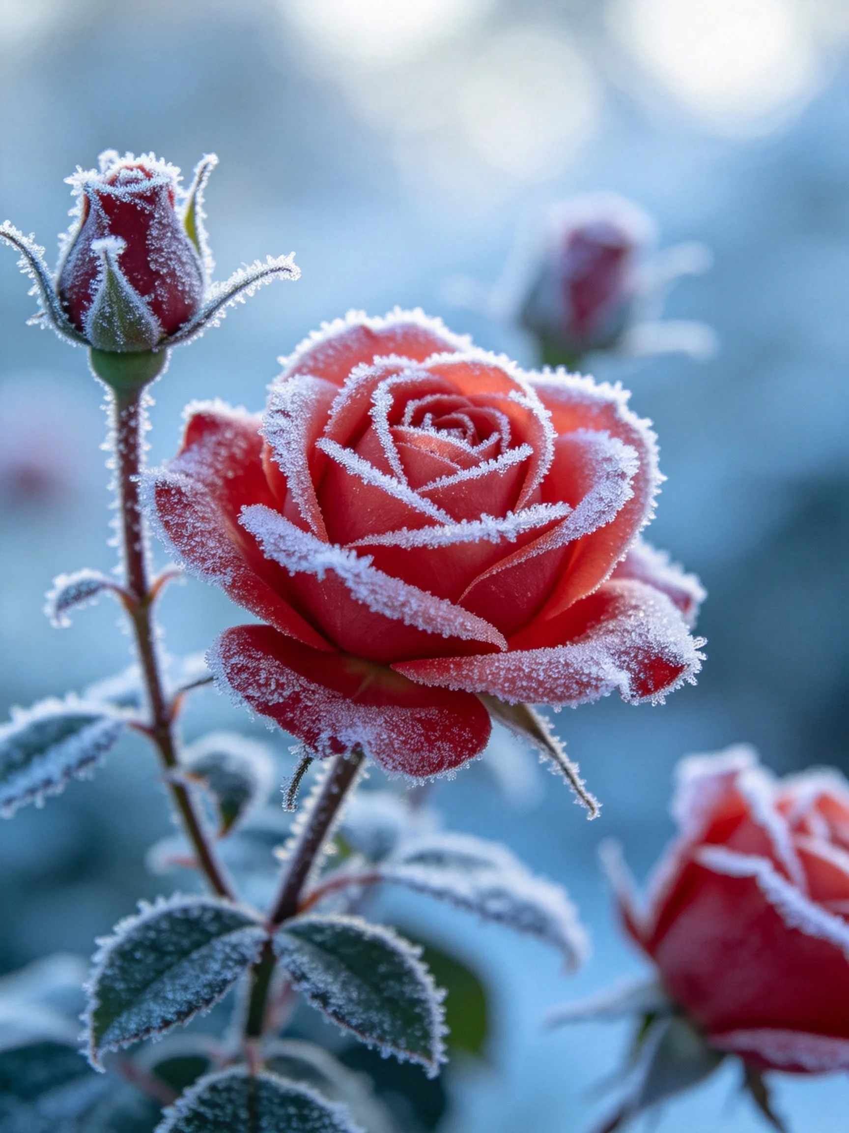 Frosted Red Roses and Bud with Foliage