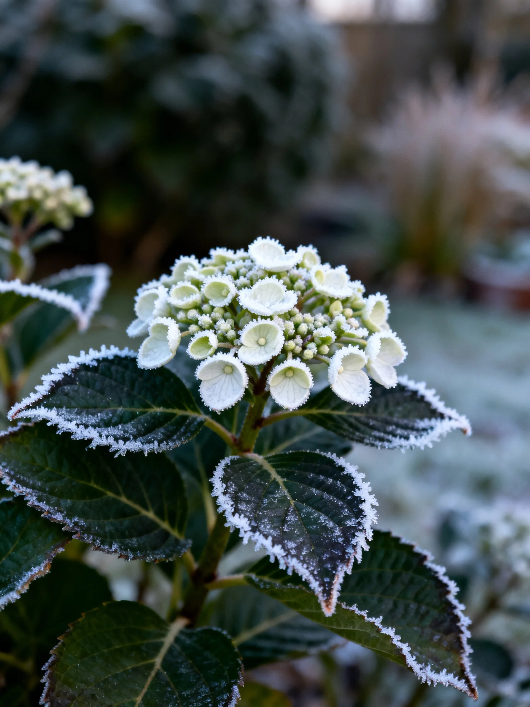 Frosted hydrangea cluster with icy leaves and white blooms