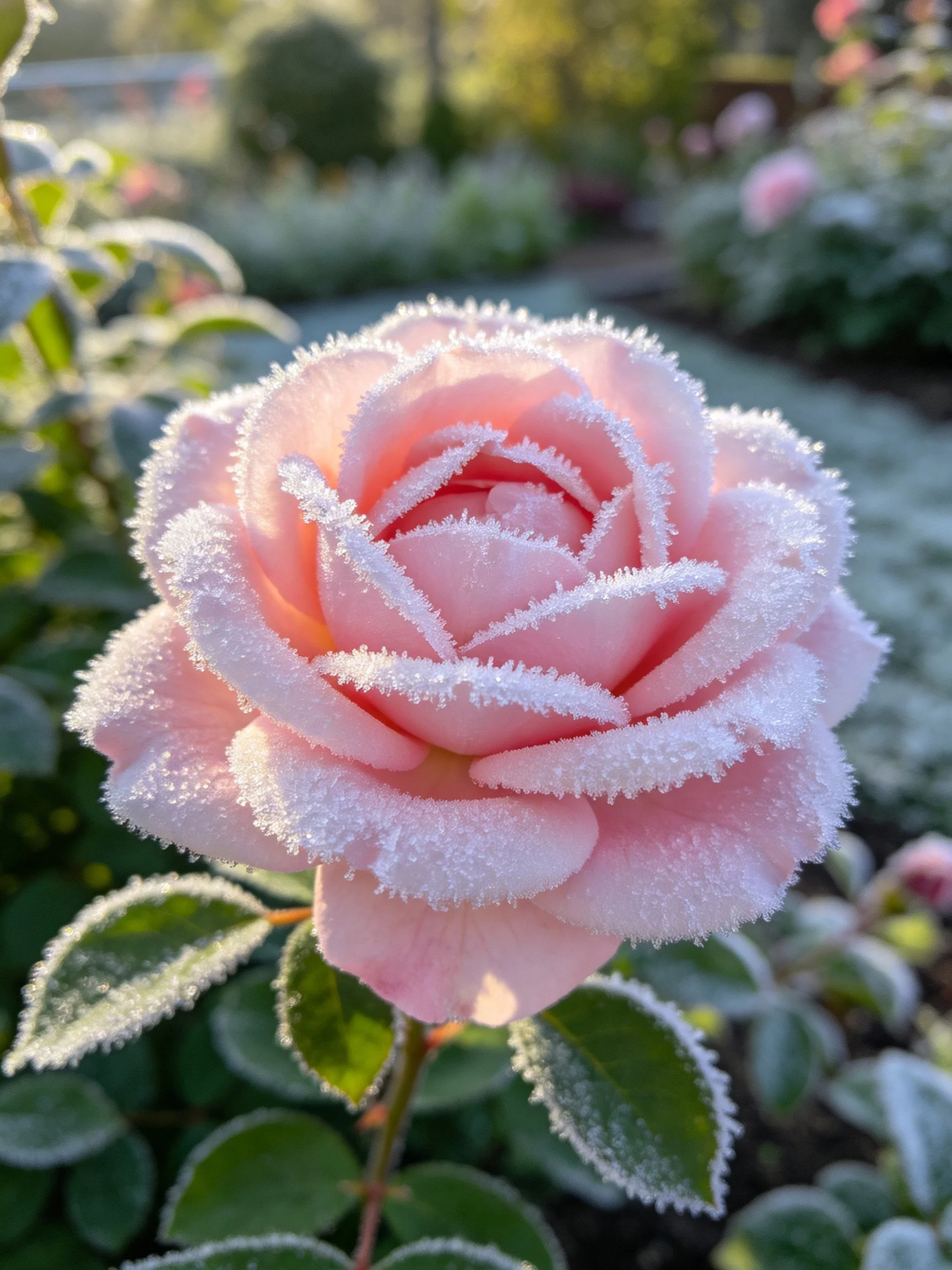 Frosted pink rose in garden scene