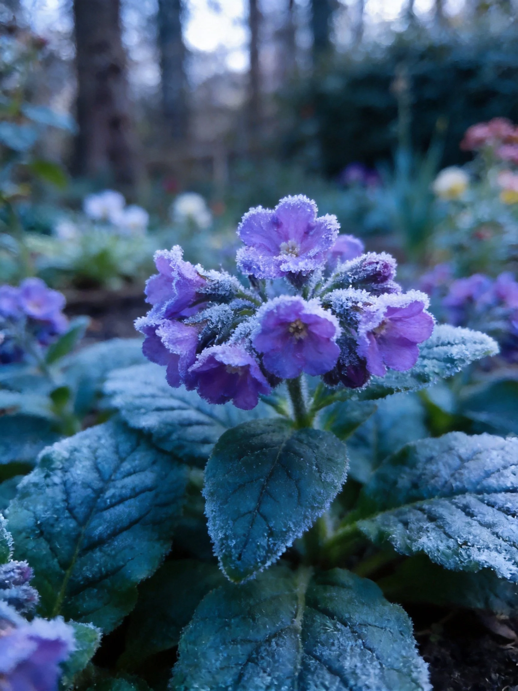 Frosted purple flowers and green leaves in a forest garden