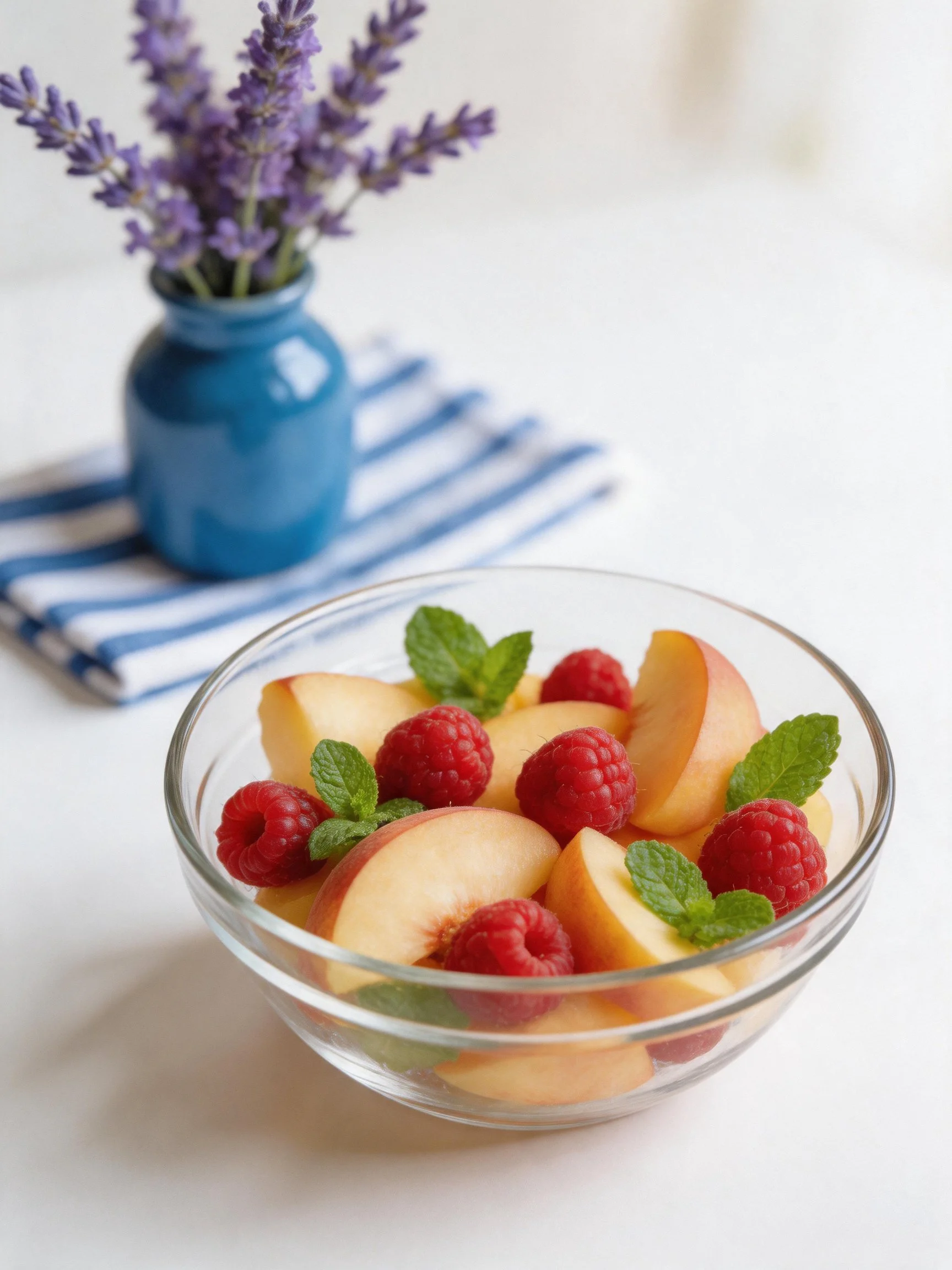 Glass bowl of sliced peaches, raspberries, mint; blue vase with lavender