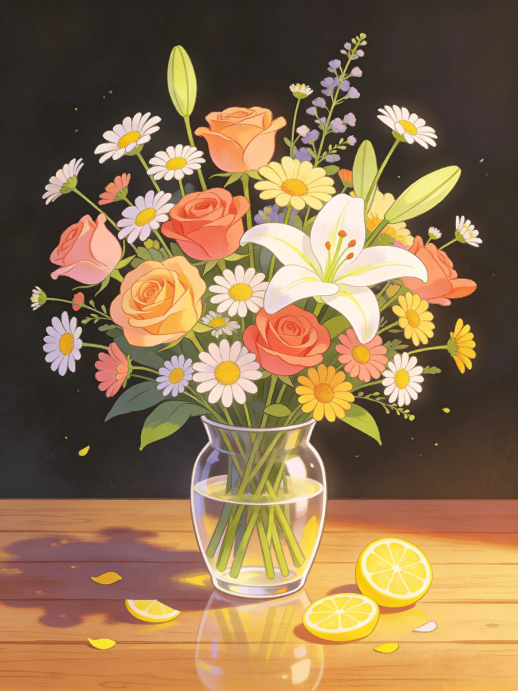 Glass vase with colorful flowers and lemons on wooden table