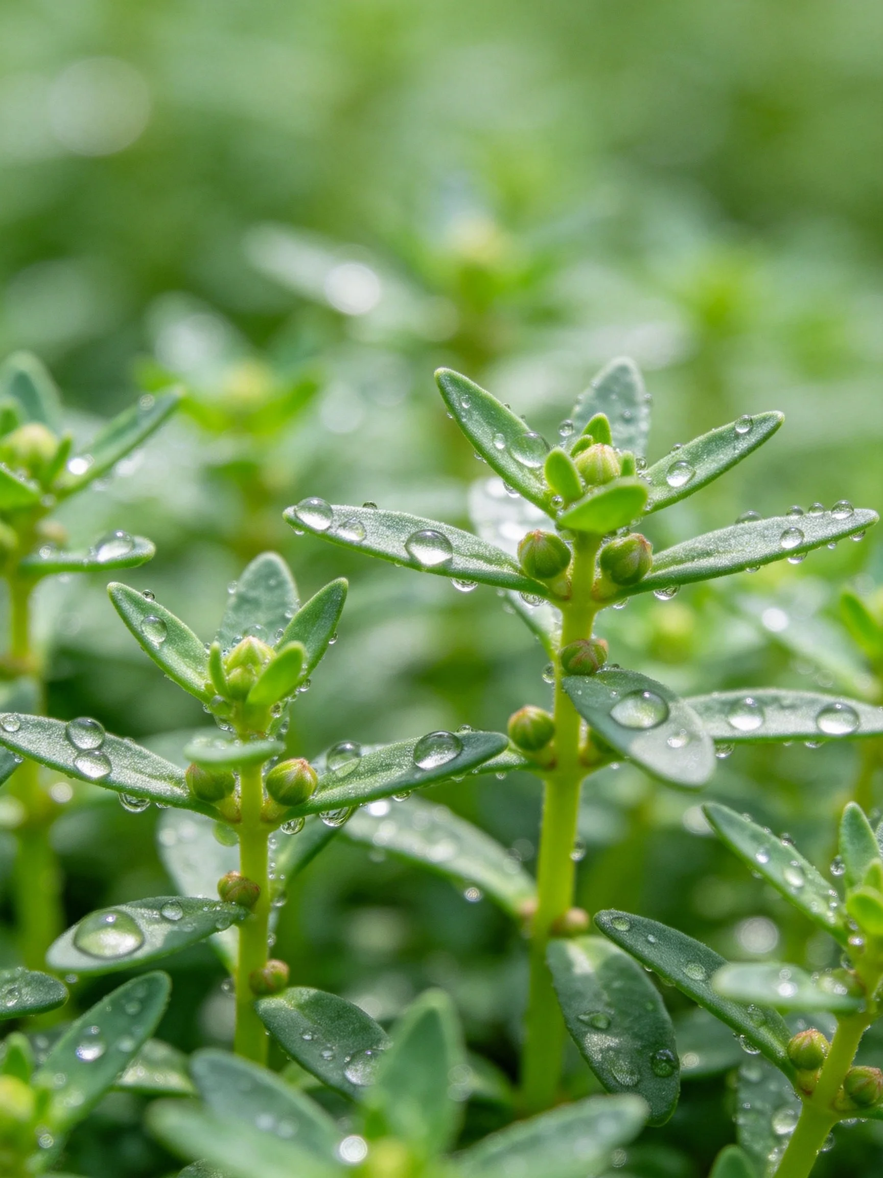 Glossy green foliage with water droplets