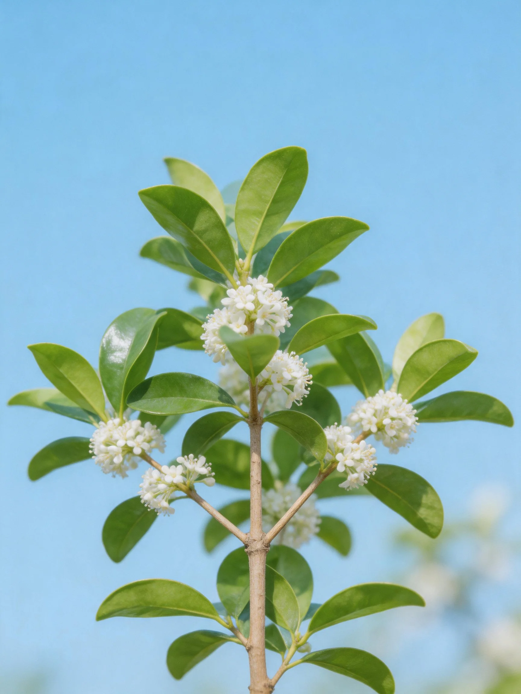 Glossy green-leaved shrub with multiple white flower clusters