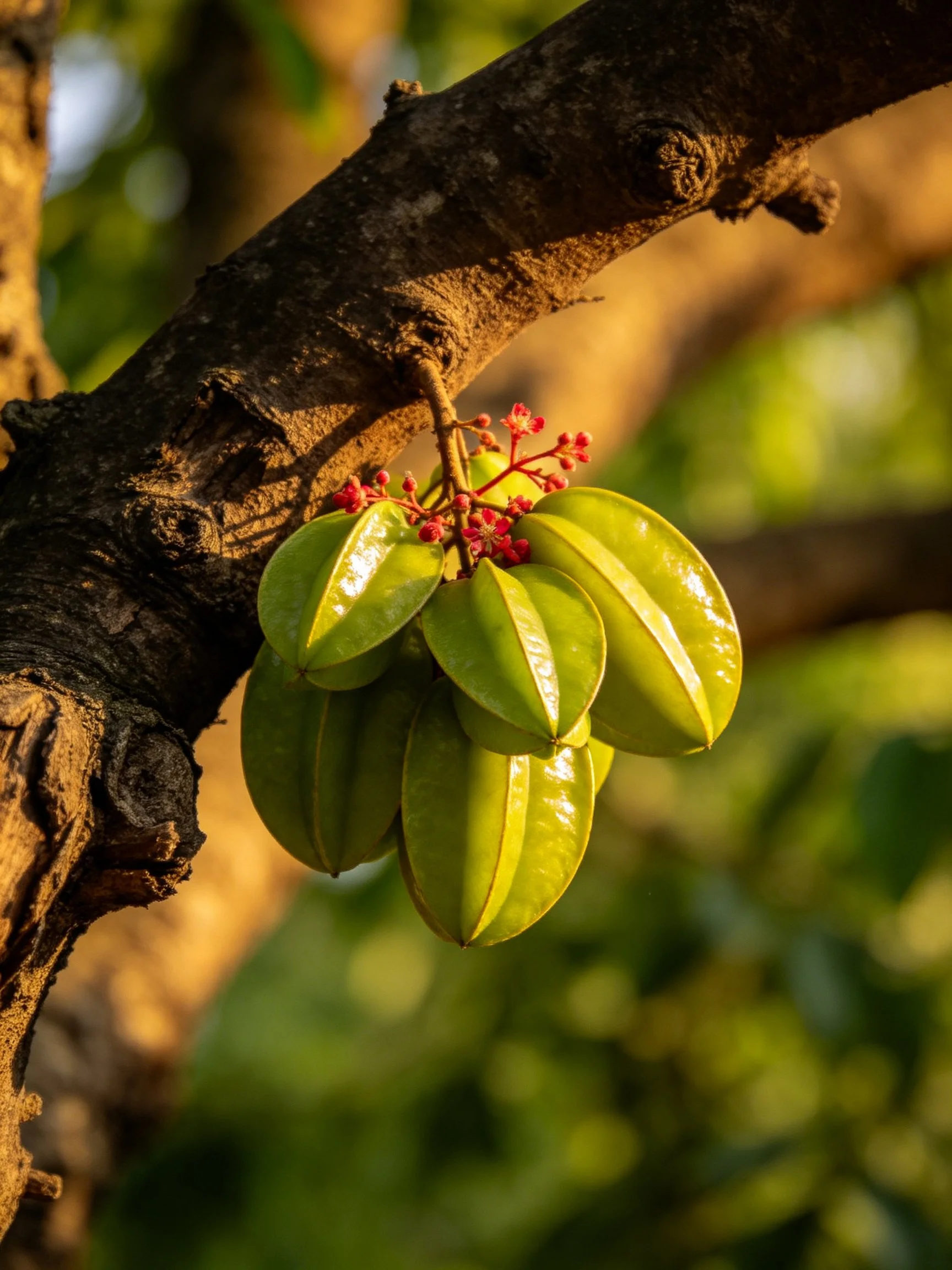 Gnarled brown tree branch supports starfruit cluster with red blooms