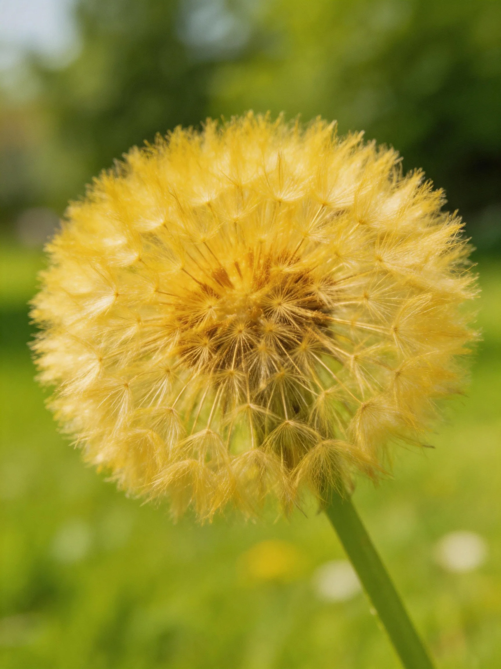 Golden dandelion seed head with delicate, light-capturing filaments