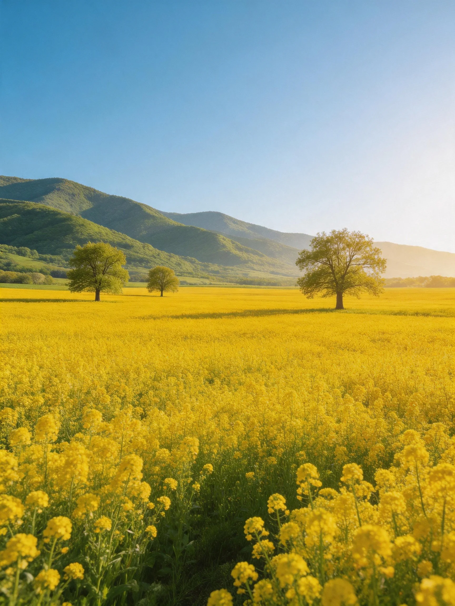 Golden flower field with three trees and green mountains