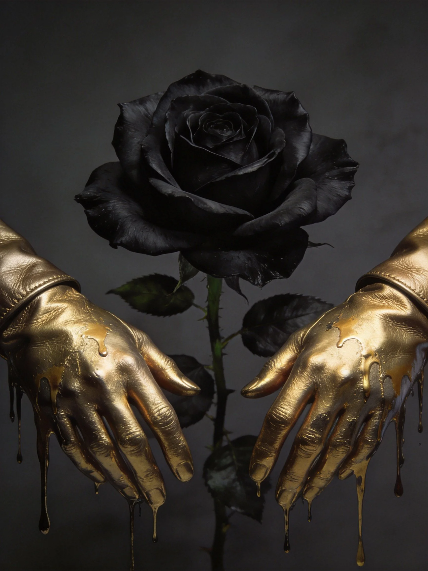 Golden gloved hands with dripping paint frame a large black rose