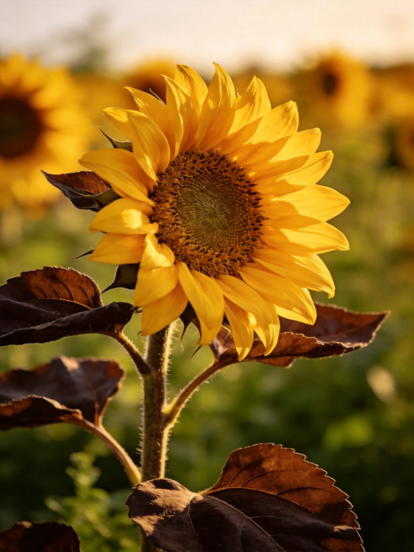 Golden sunflower with dark leaves in a sunlit field
