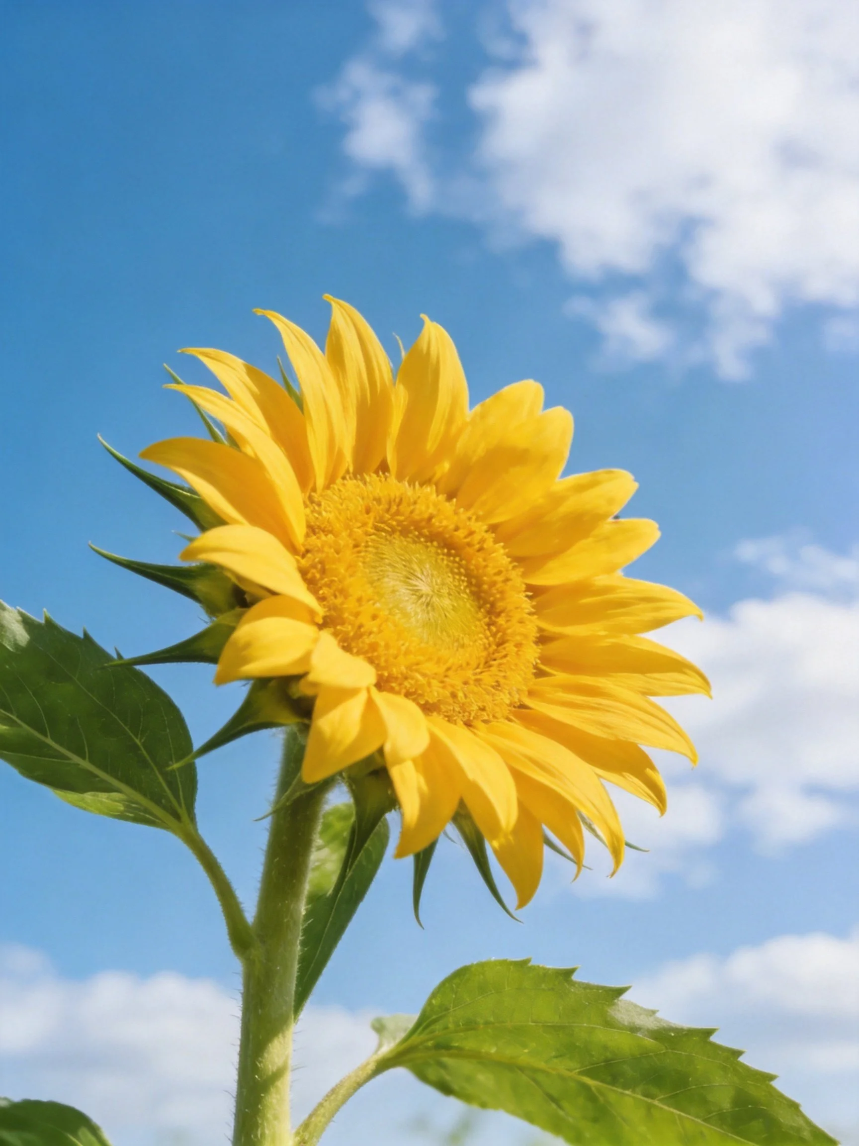 Golden sunflower with green leaves under blue sky