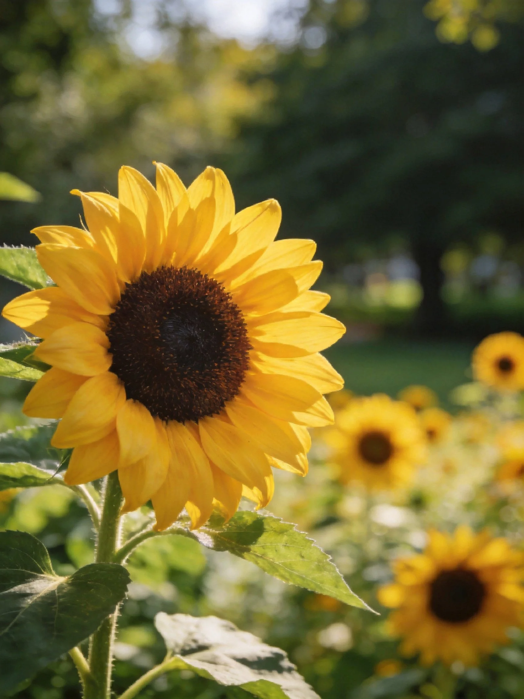 Golden sunflowers with dark centers bloom under sunny skies