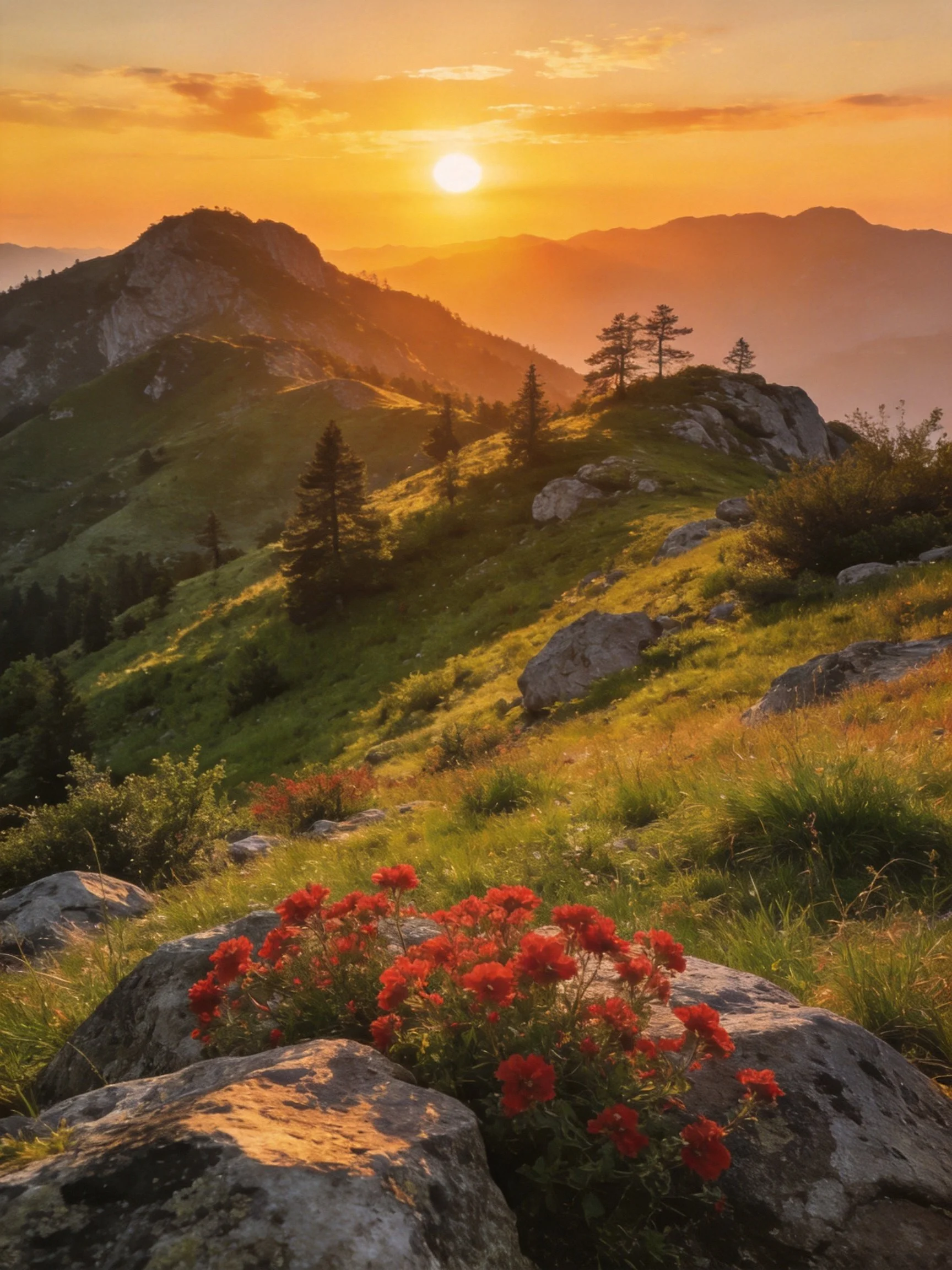 Golden sunset over lush green mountains with rocky terrain and vibrant red flowers