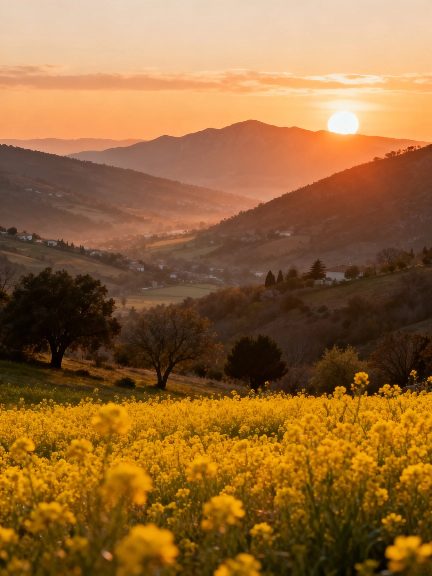 Golden sunset over rolling hills and vibrant yellow flower field