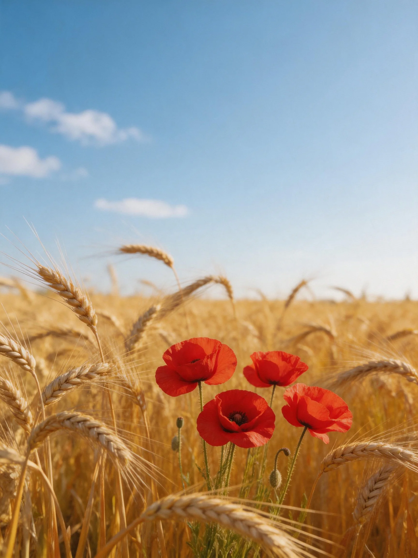 Golden wheat field with vibrant red poppies under clear blue sky