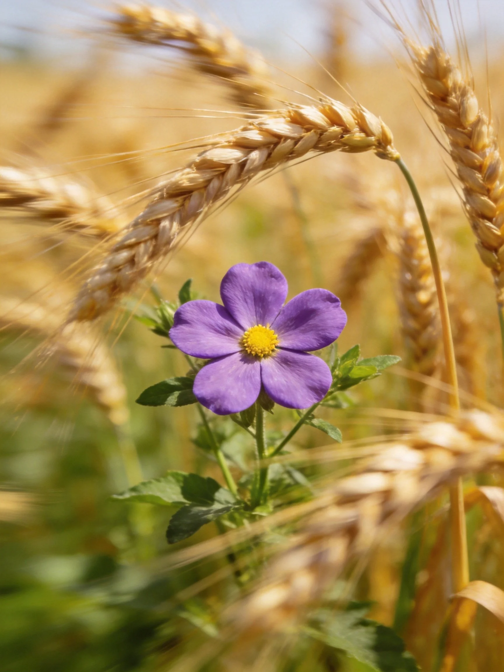 Golden wheat stalks surround a vibrant purple wildflower