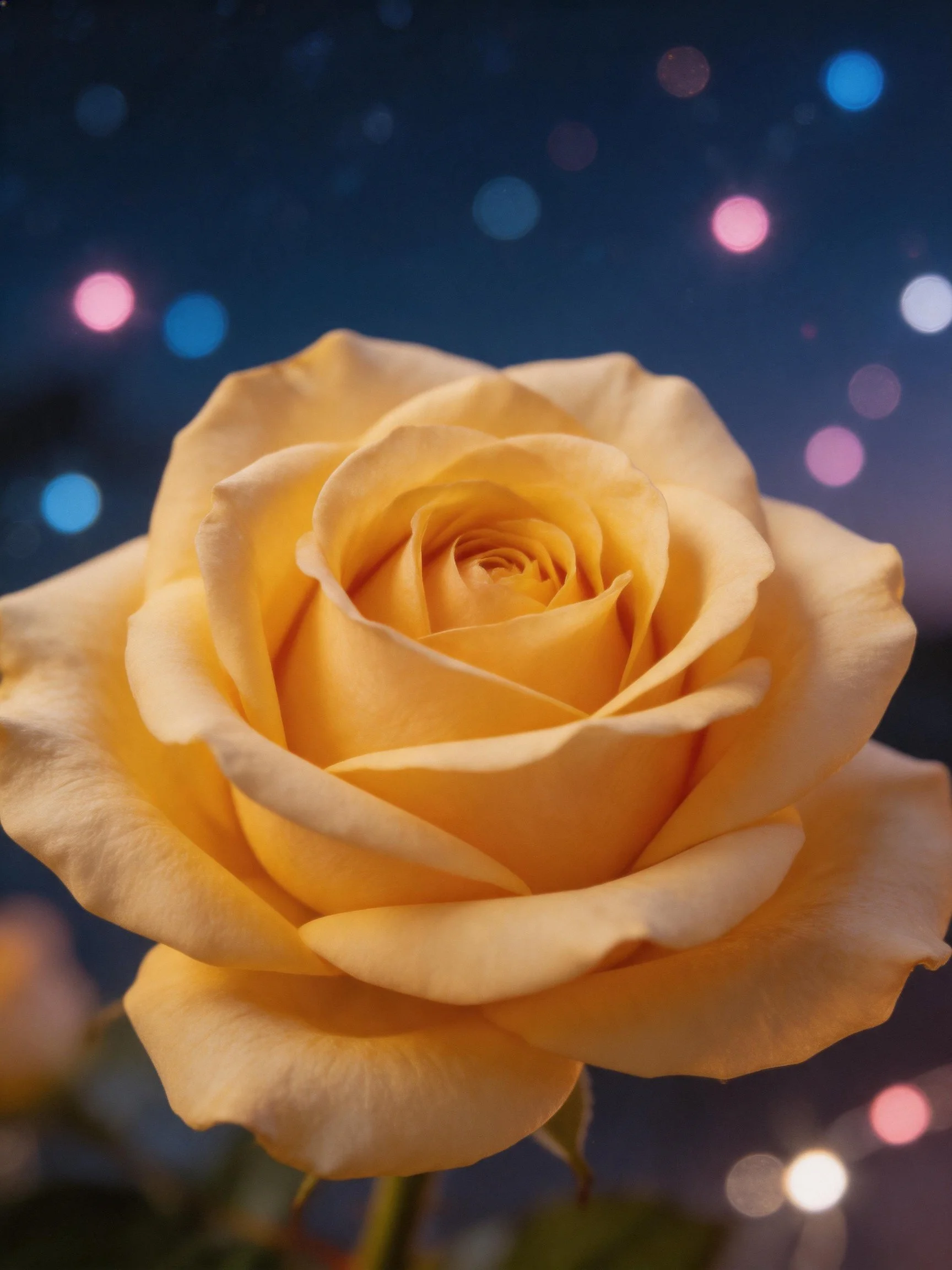 Golden-yellow rose in focus with colorful bokeh lights