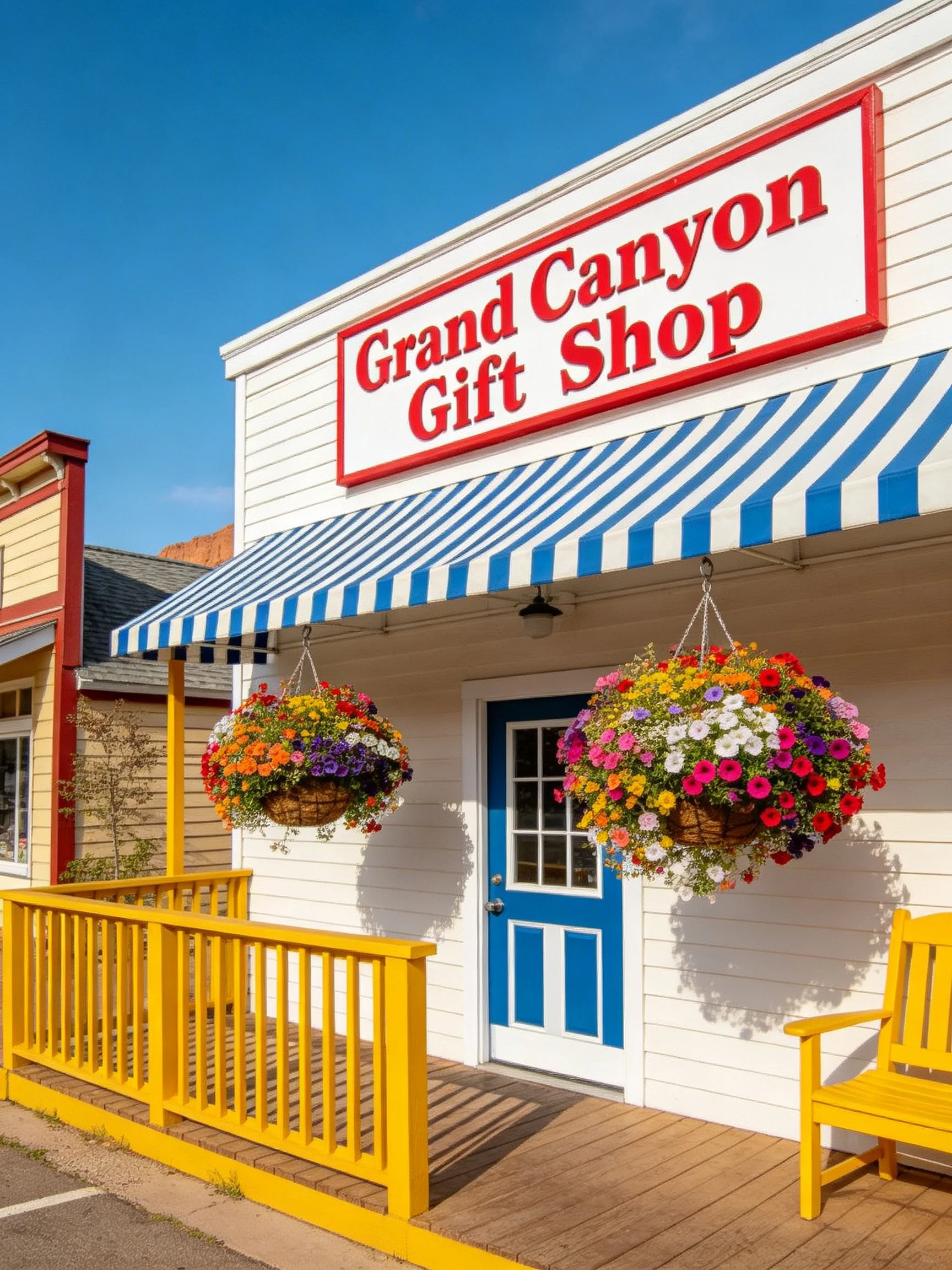 Grand Canyon Gift Shop with blue striped awning, yellow railings, hanging flowers