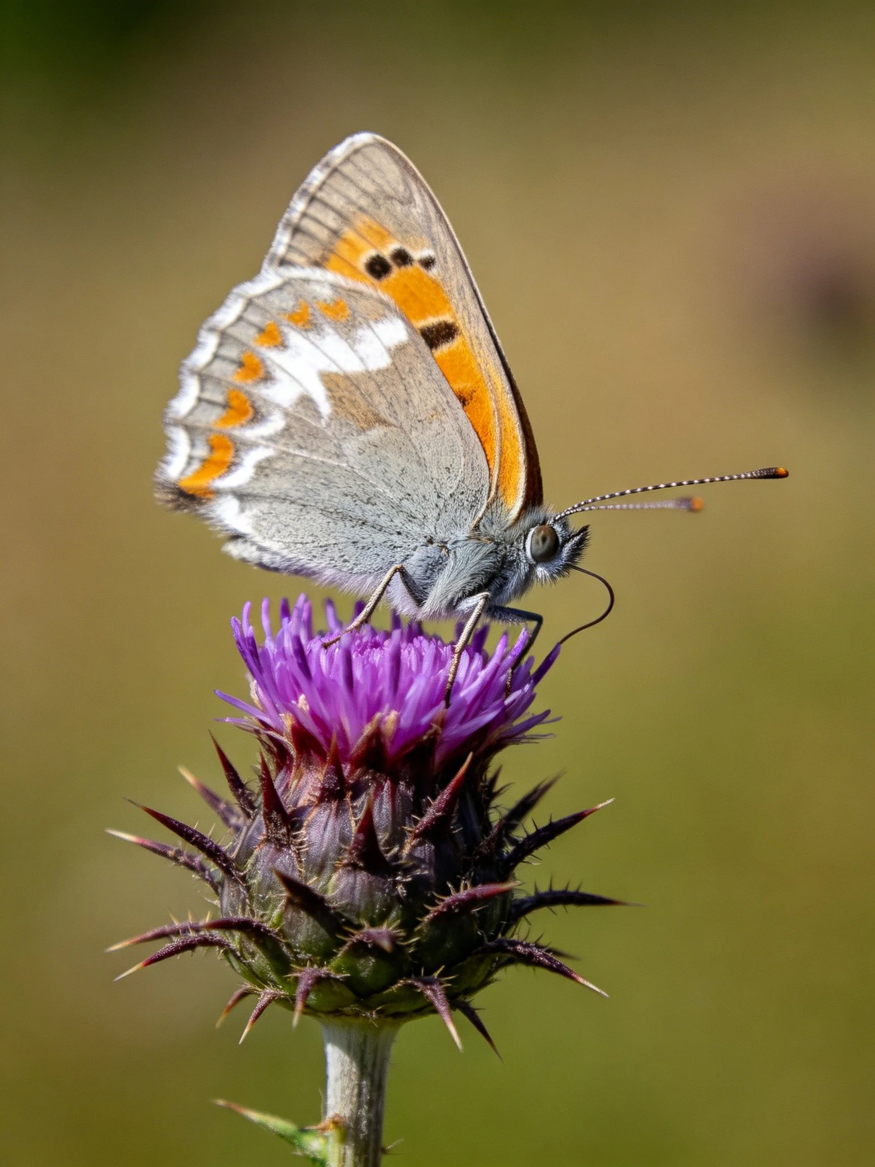 Gray and orange butterfly perched on a vibrant purple thistle
