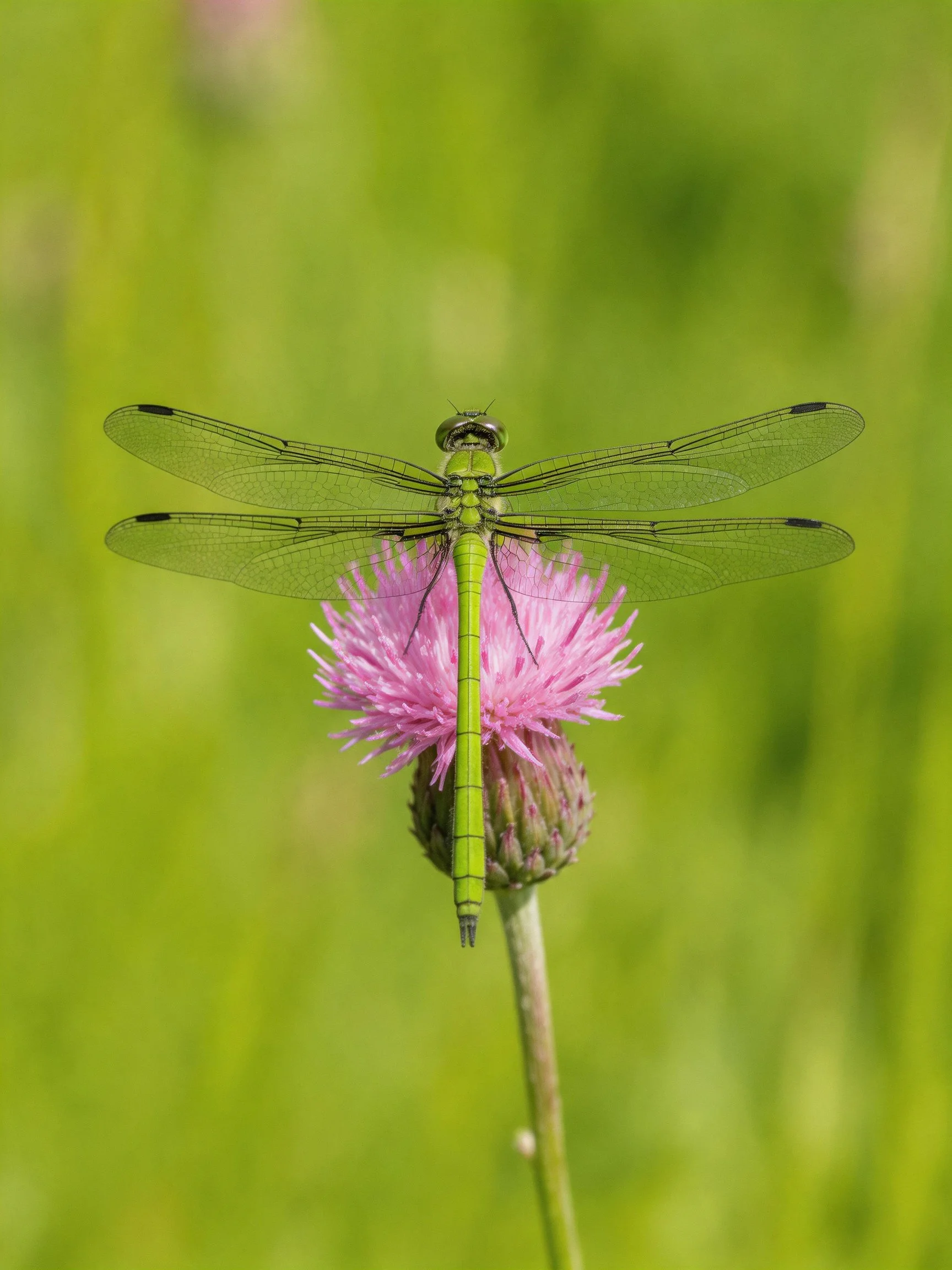 Green dragonfly perched on a vibrant pink thistle flower