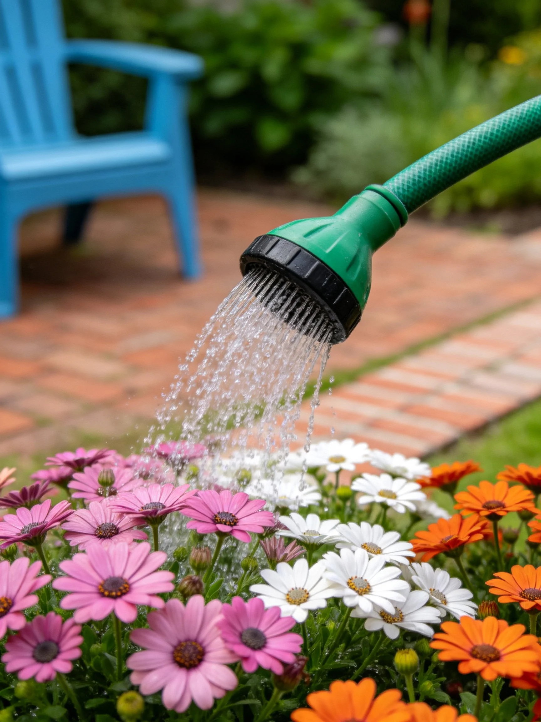 Green hose waters colorful flowers near blue chair