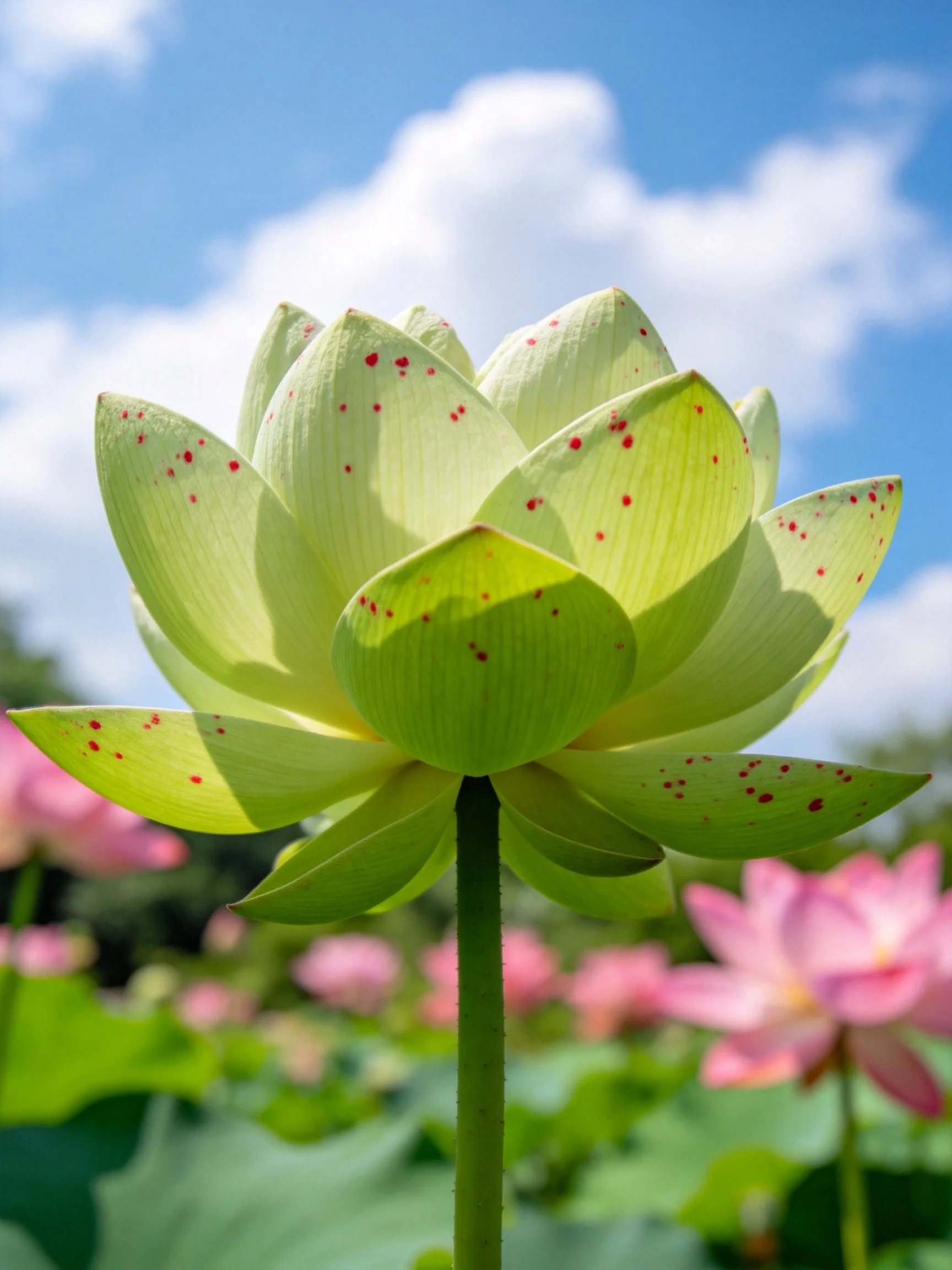 Green lotus with red spots near pink blooms under blue sky