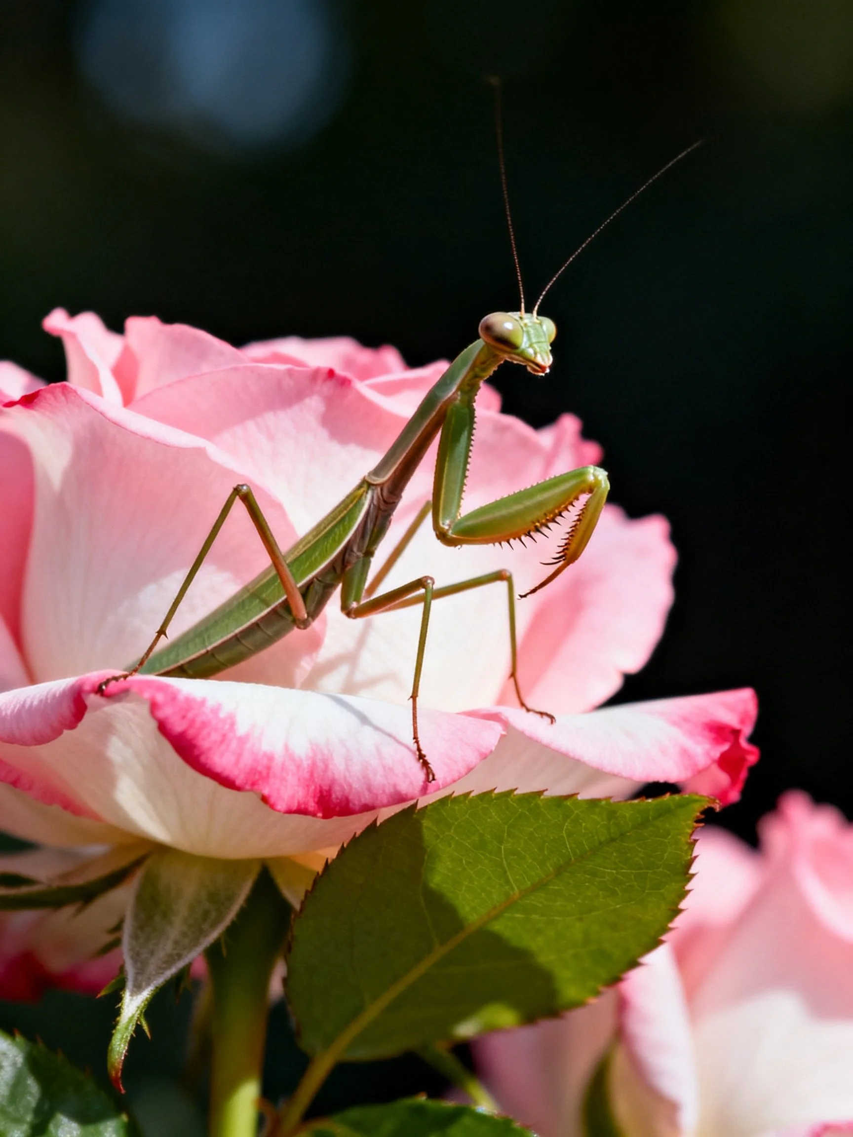 Green praying mantis resting on pink and white roses