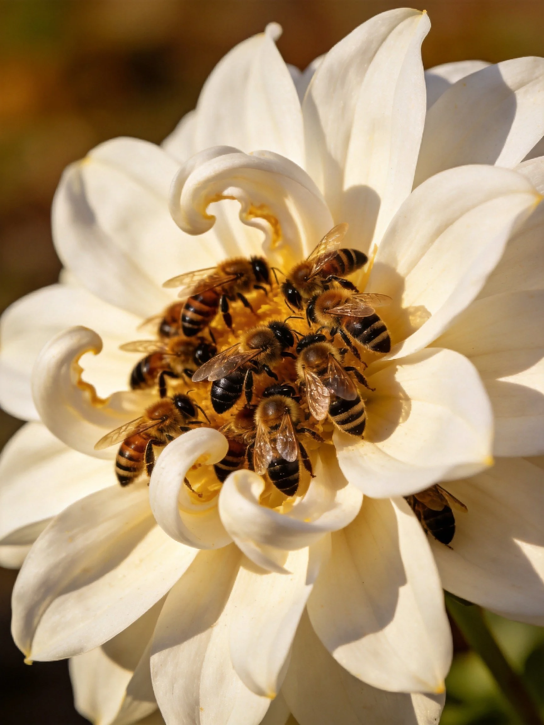 Group of bees on a large white flower