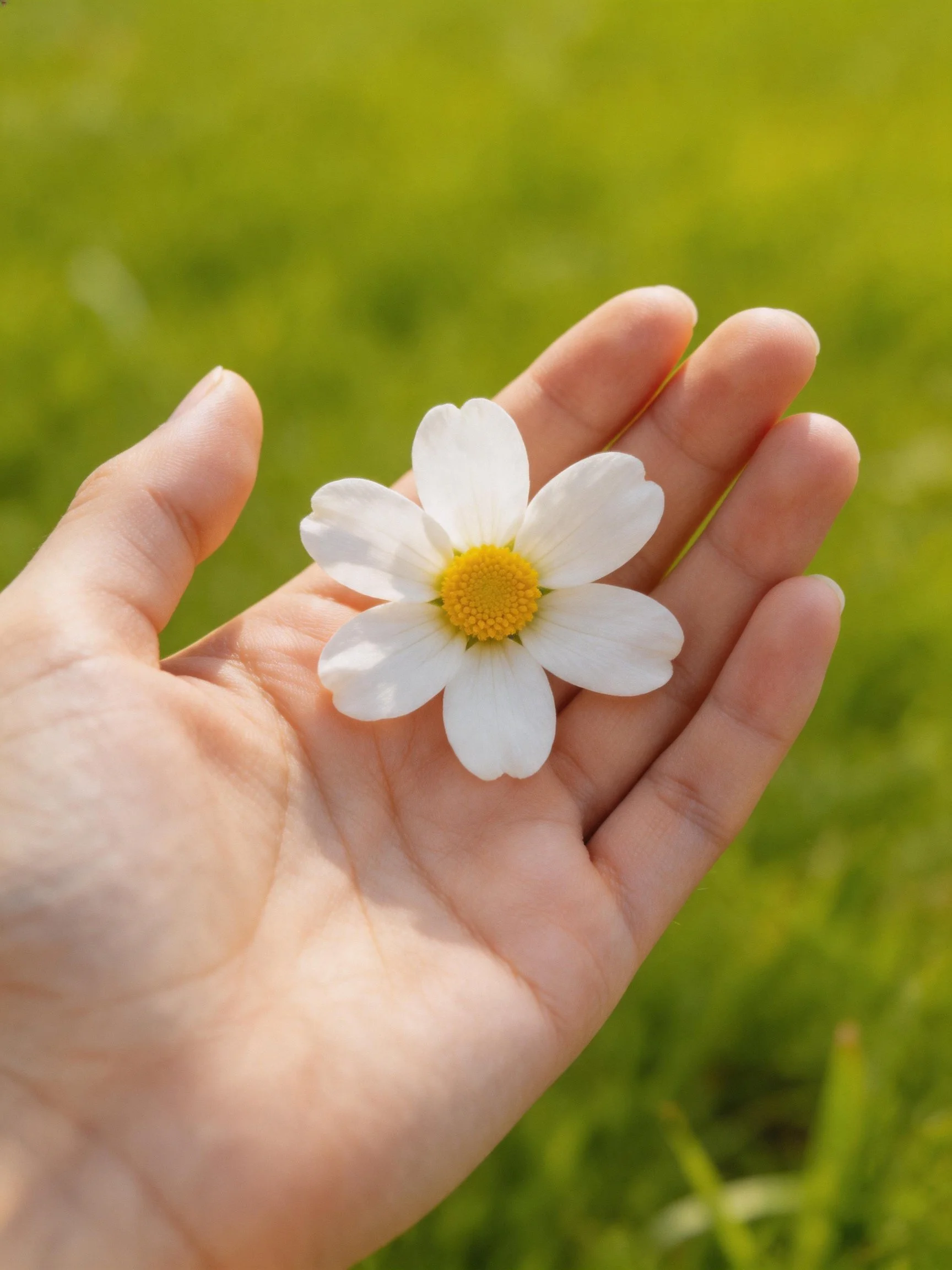 Hand cradling a small white flower with yellow center on green grass