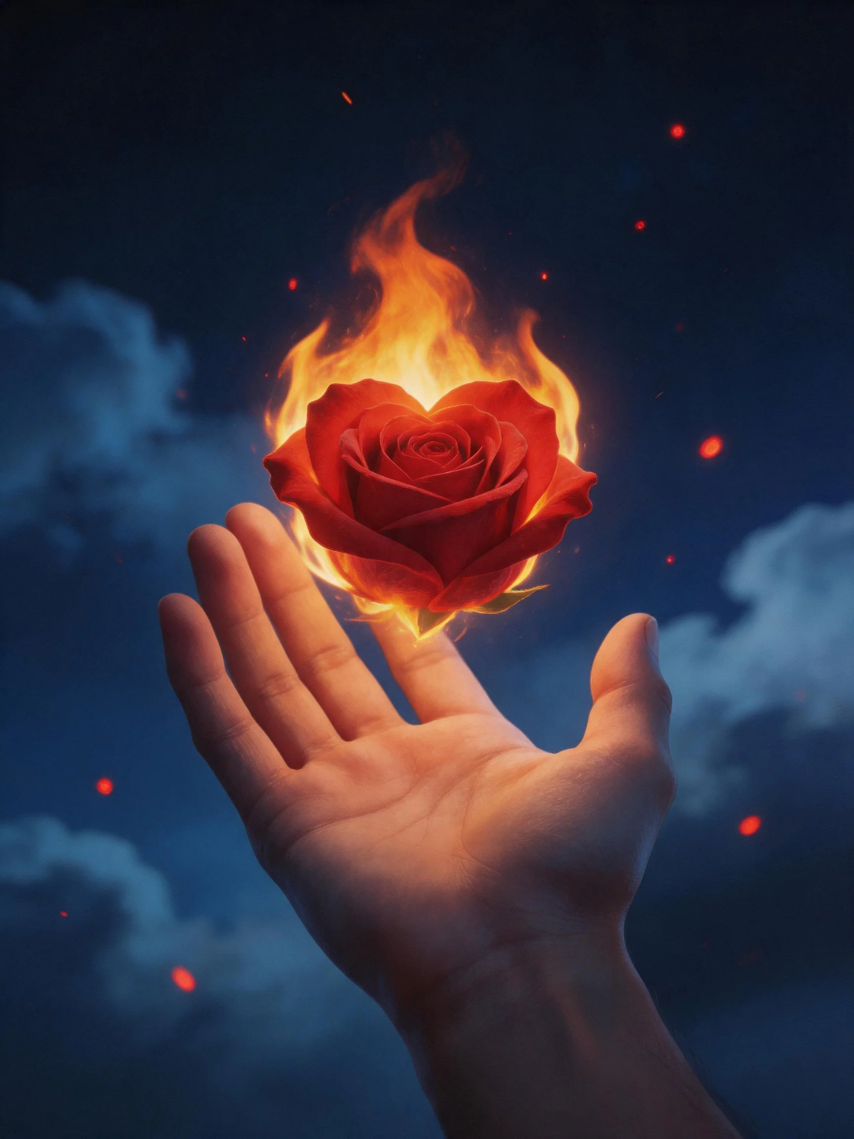 Hand holding a flaming red rose heart under dark sky