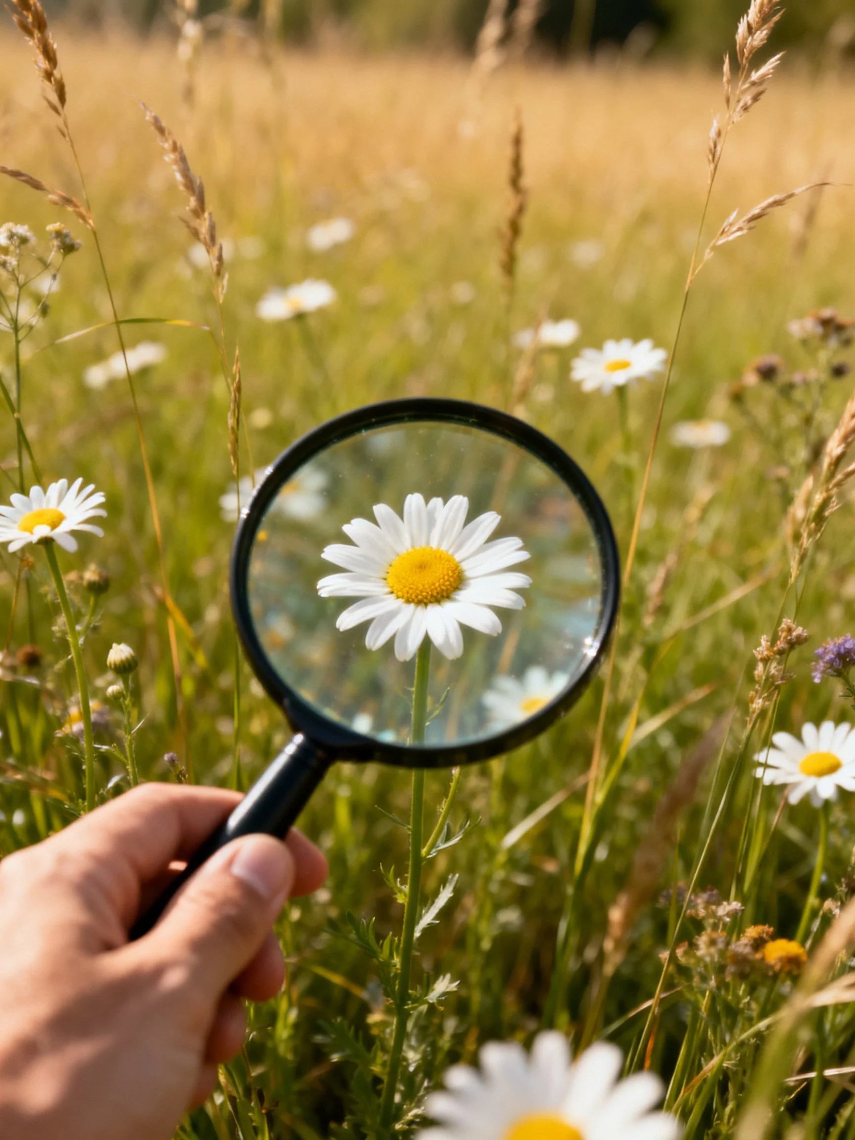 Hand holds magnifying glass examining daisy in sunlit meadow