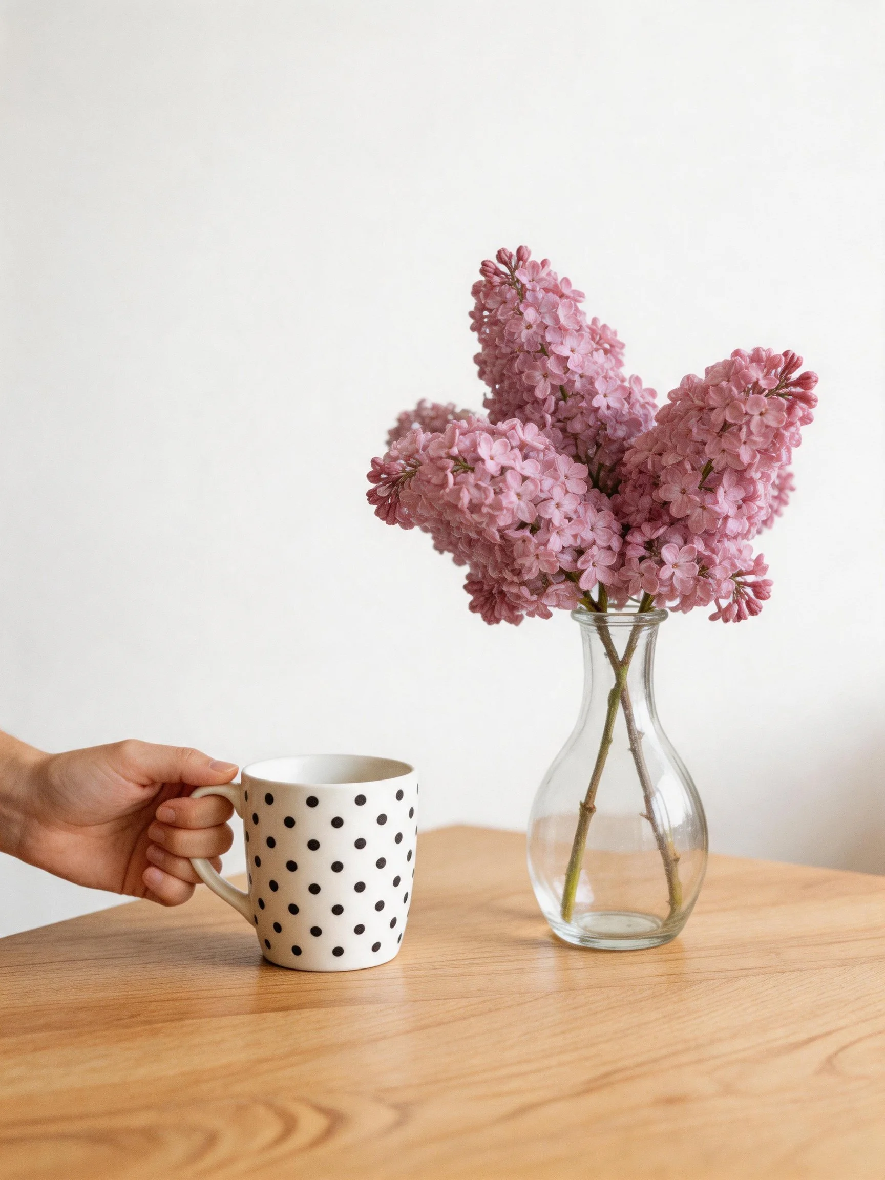 Hand holds polka - dotted mug near glass vase with purple lilacs