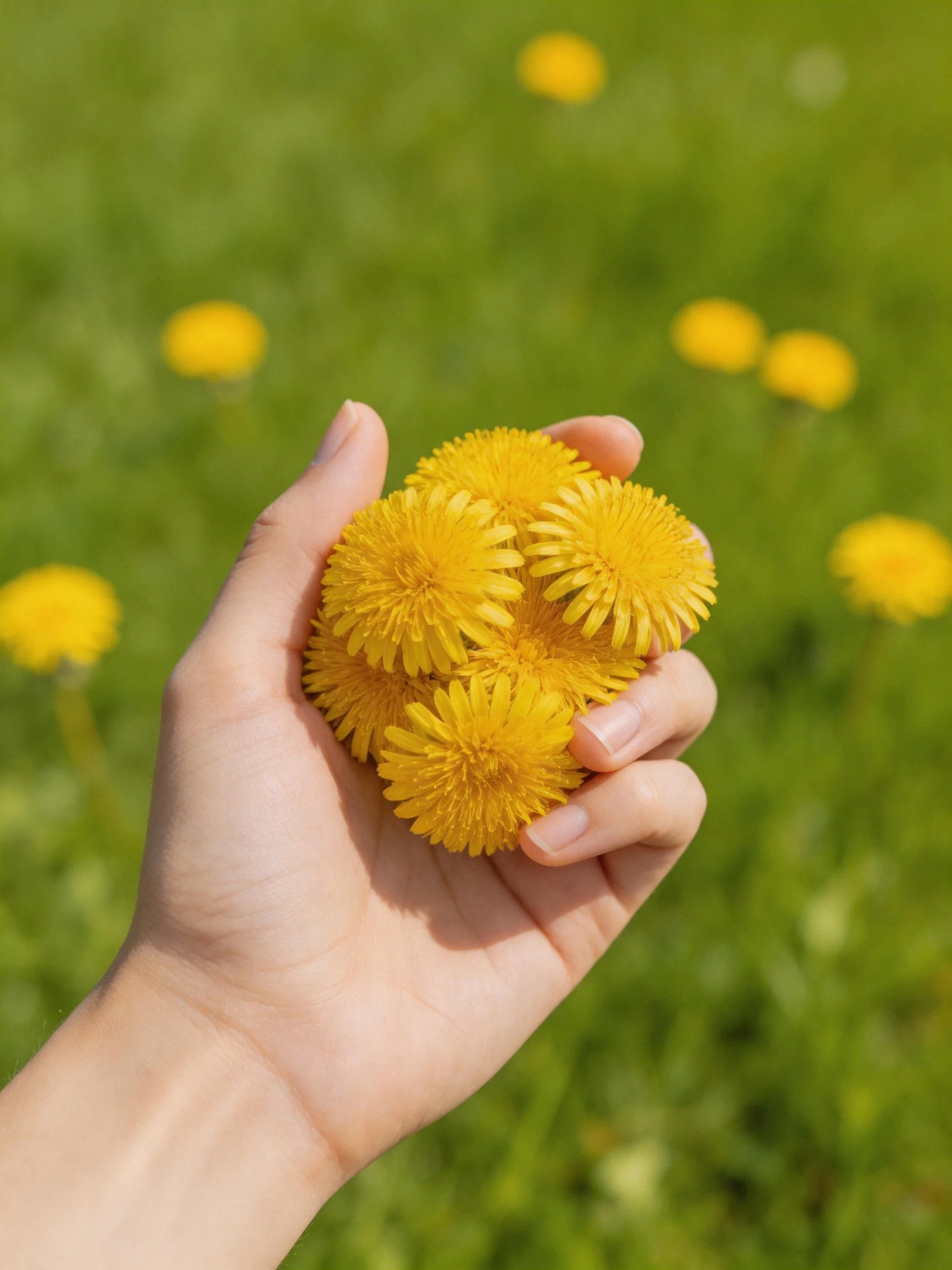 Hand holds vibrant yellow dandelions amid green grass