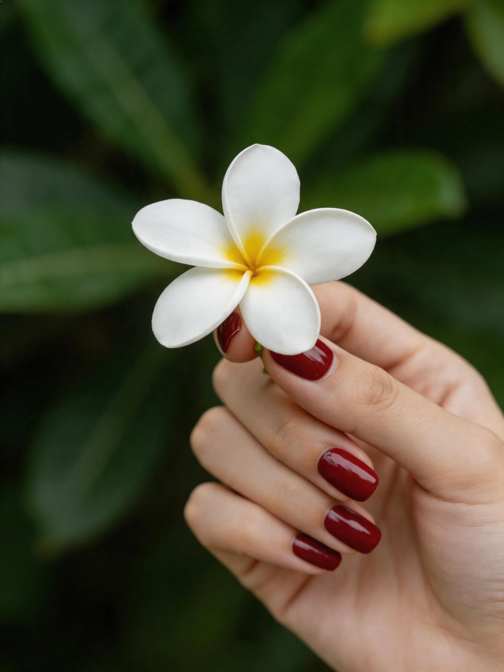 Hand with red nail polish holds a white frangipani flower