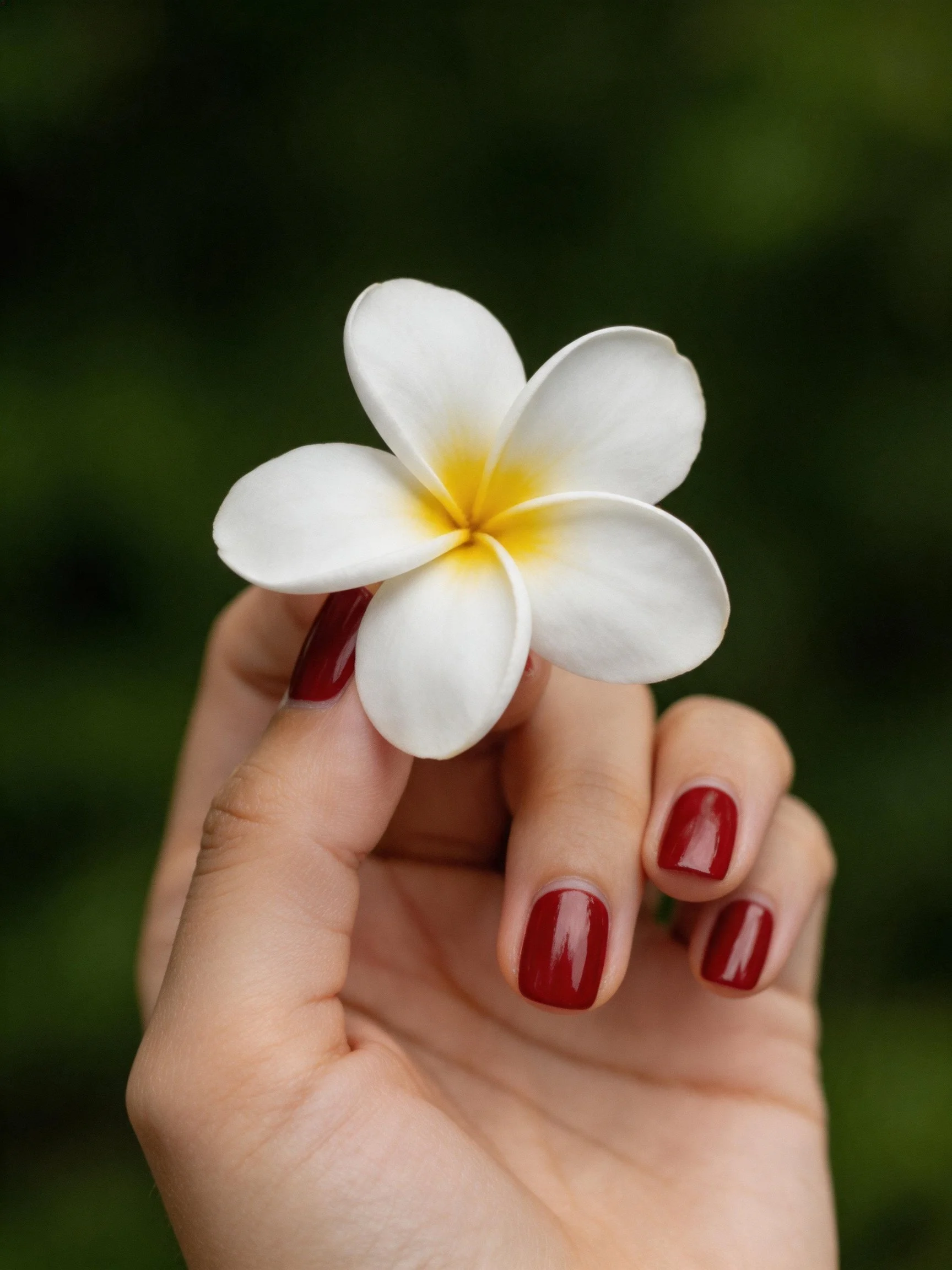 Hand with red nails holding a white frangipani flower with yellow center