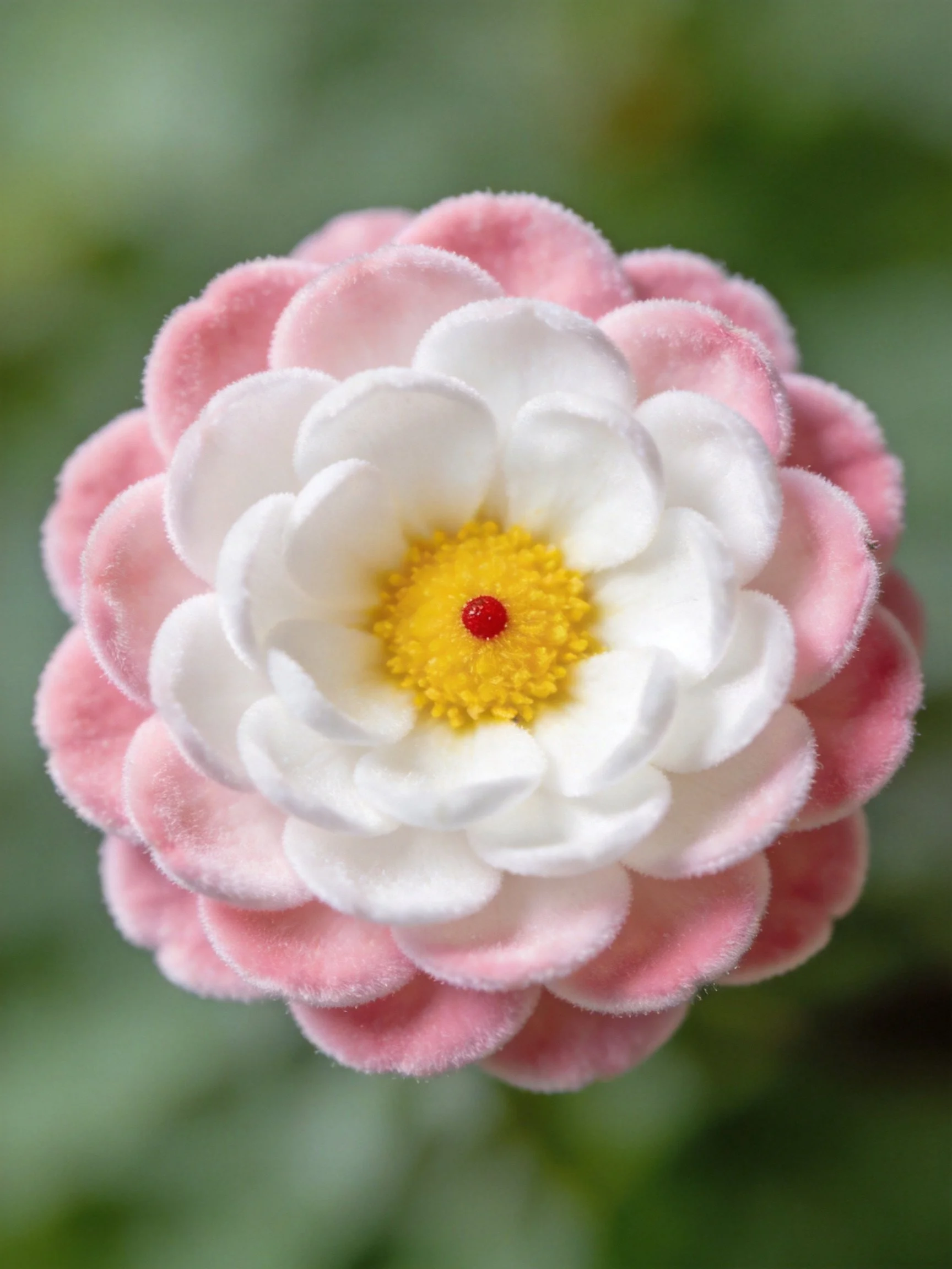 Handcrafted felt flower with pink and white petals, yellow and red center