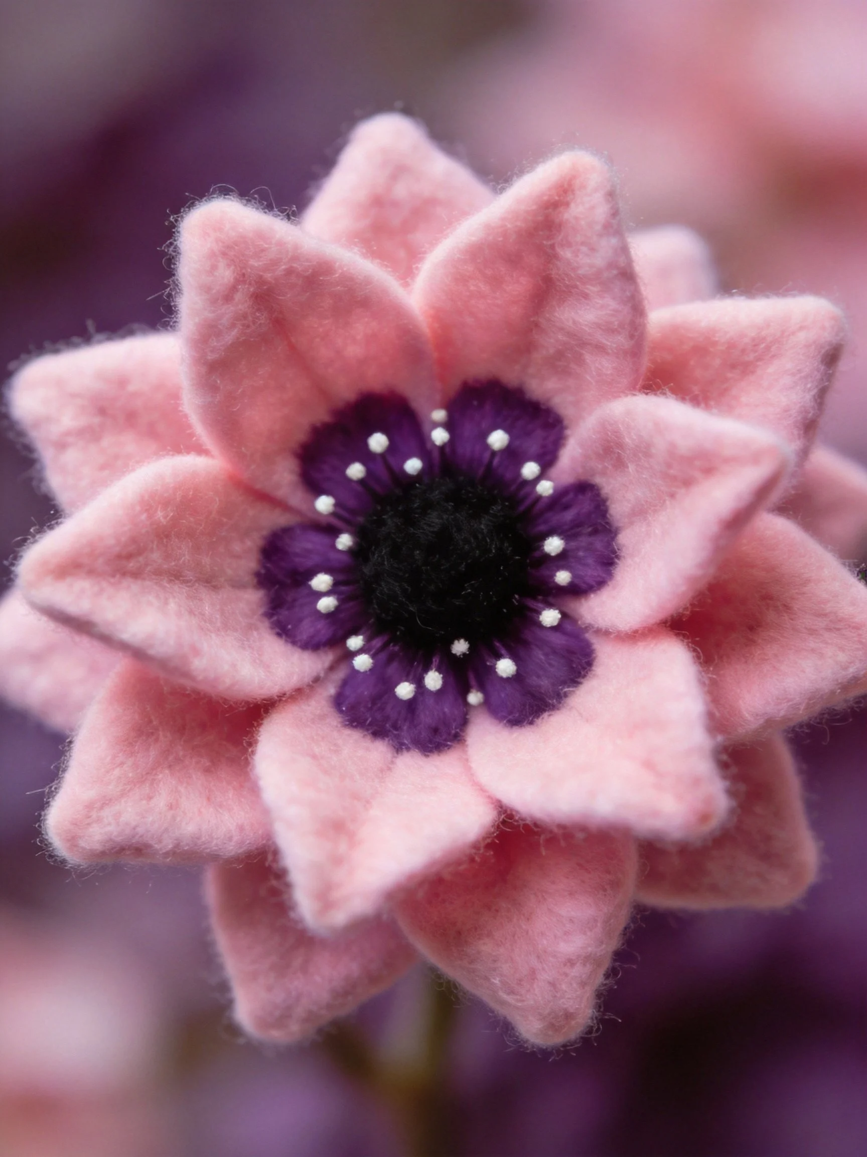 Handcrafted pink felt flower with layered petals and dark center