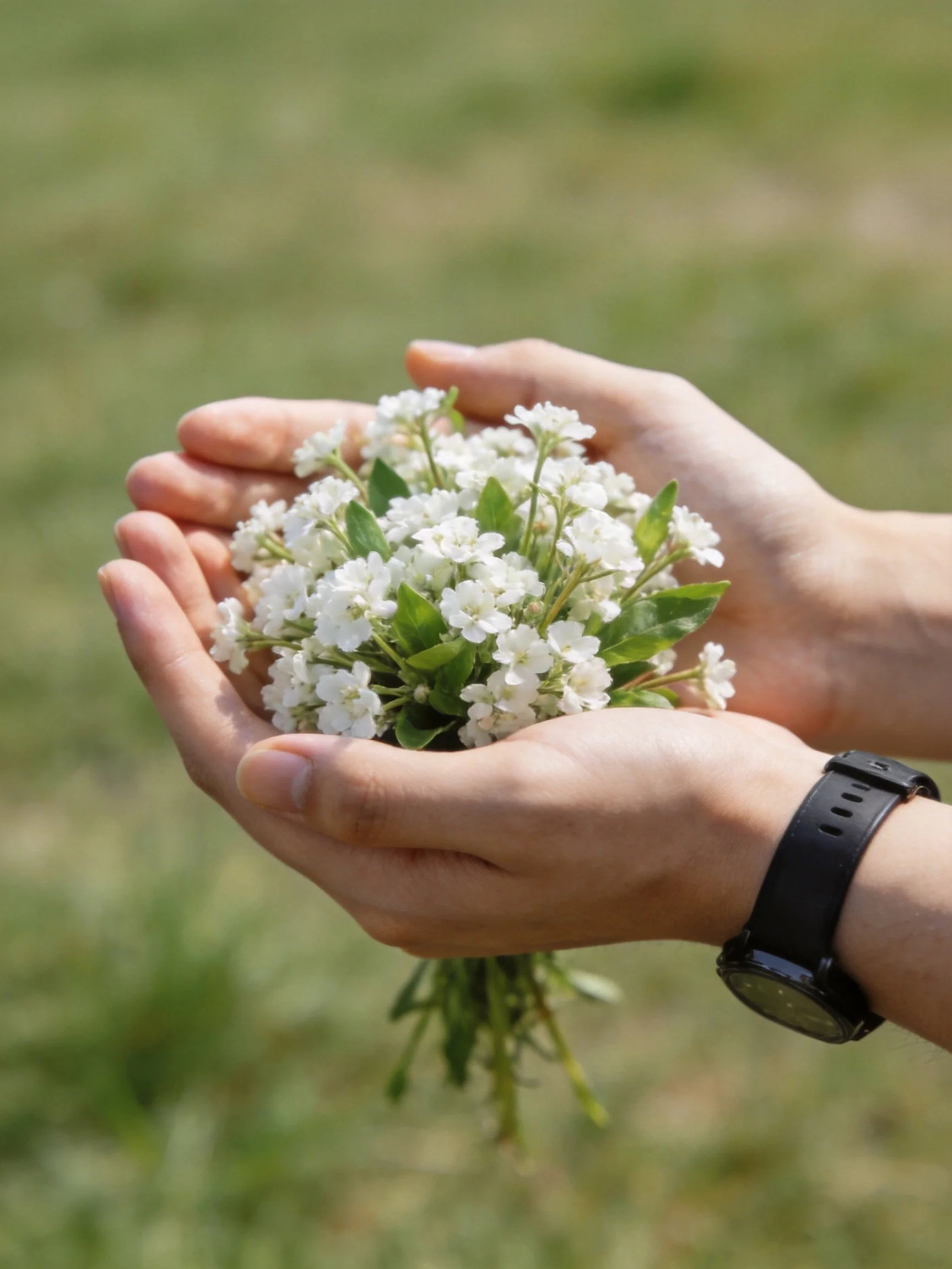 Hands cradling a cluster of small white flowers with green foliage