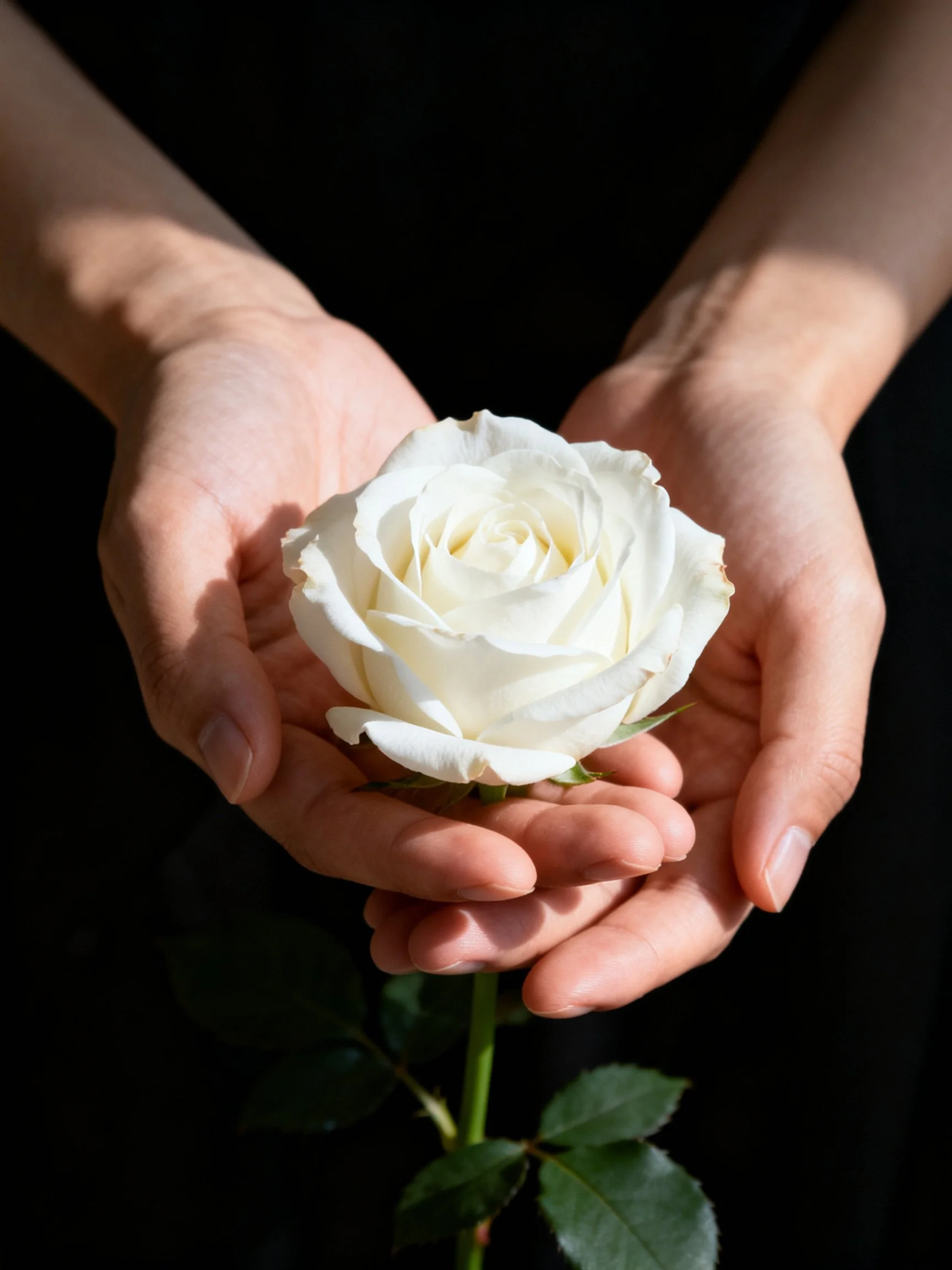 Hands cradling a pristine white rose against a dark backdrop